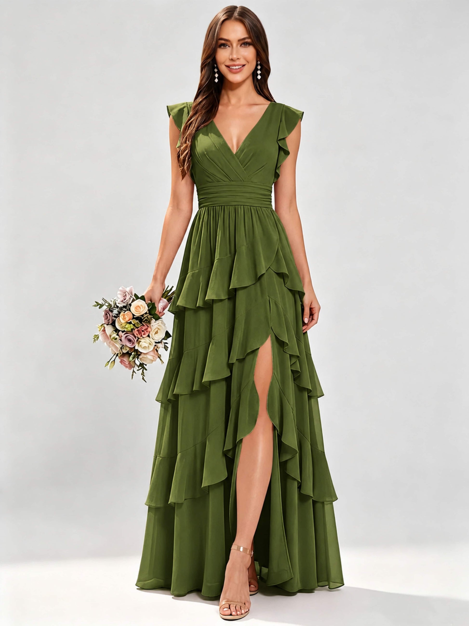 Ruffle Sleeve Tiered Chiffon Bridesmaid Dresses for Wedding with Slit