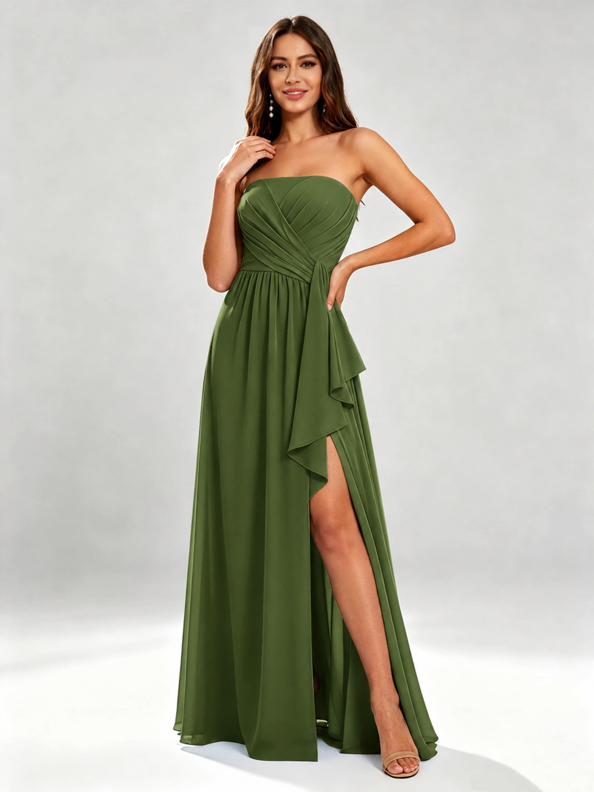 Chiffon Strapless Women's Bridesmaid Dresses with Slit
