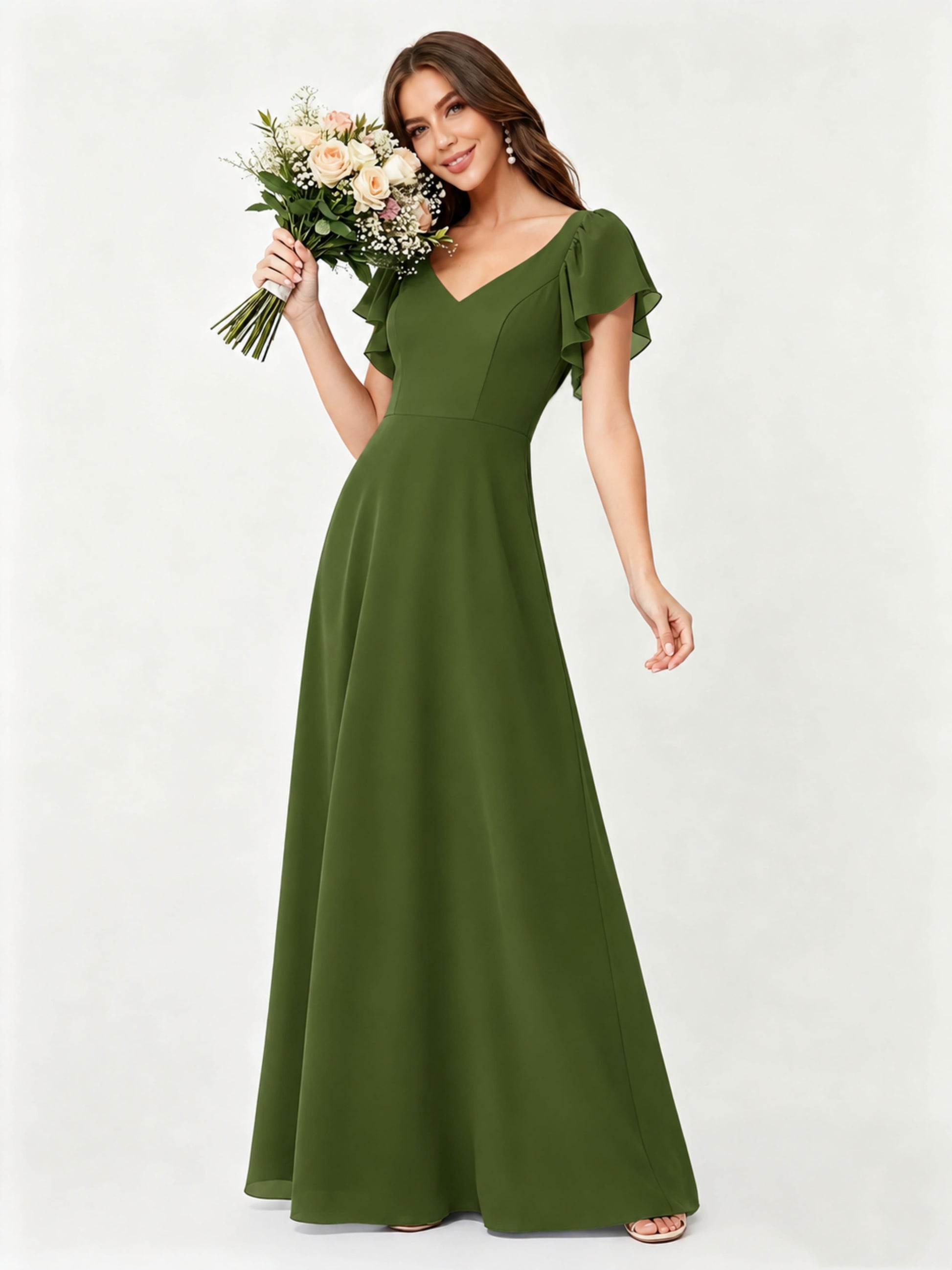 Ruffle Sleeve Chiffon Bridesmaid Dresses for Women Wedding