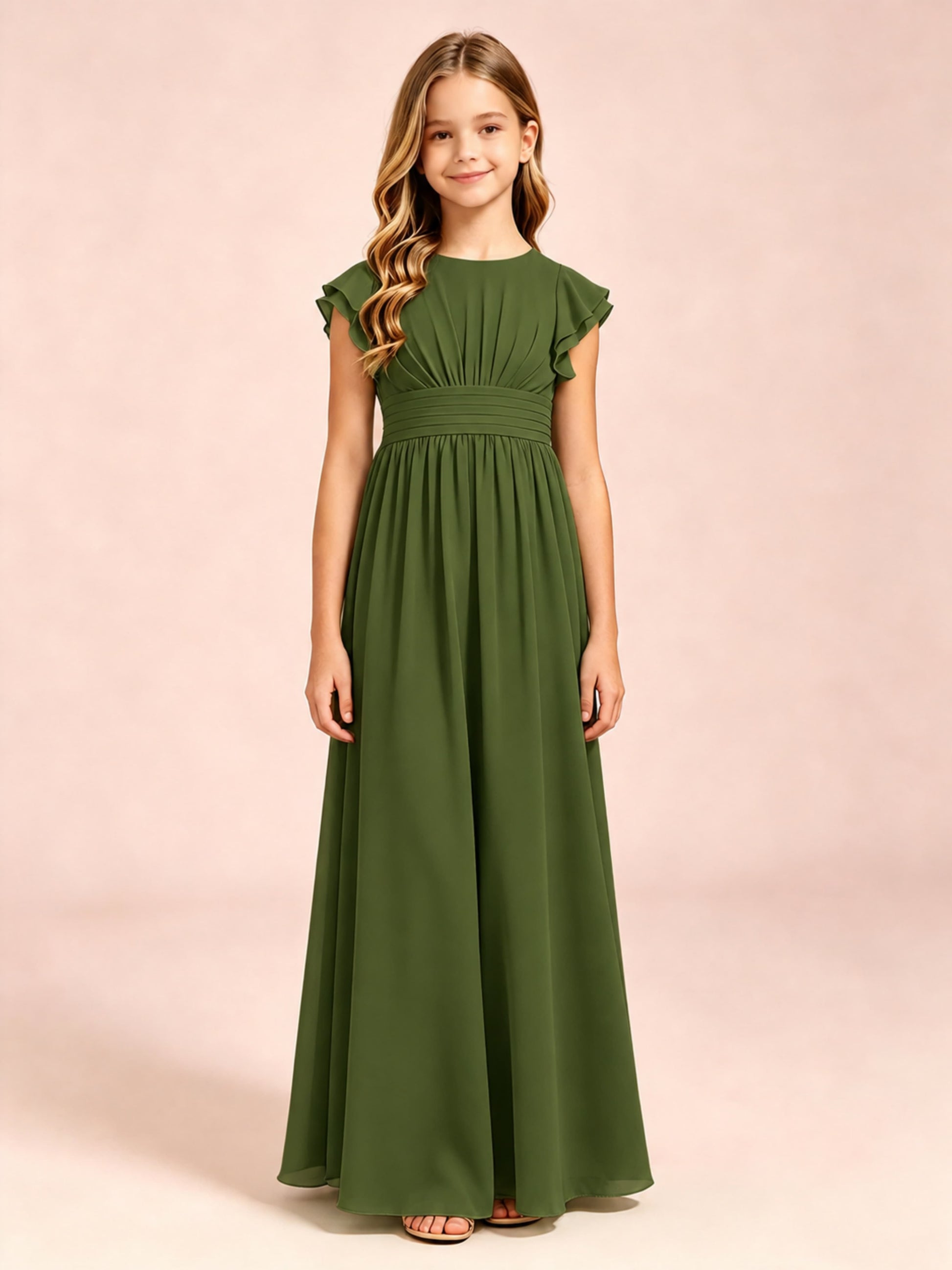 Chiffon Ruffle Cap Sleeve Junior Bridesmaid Dress for Wedding