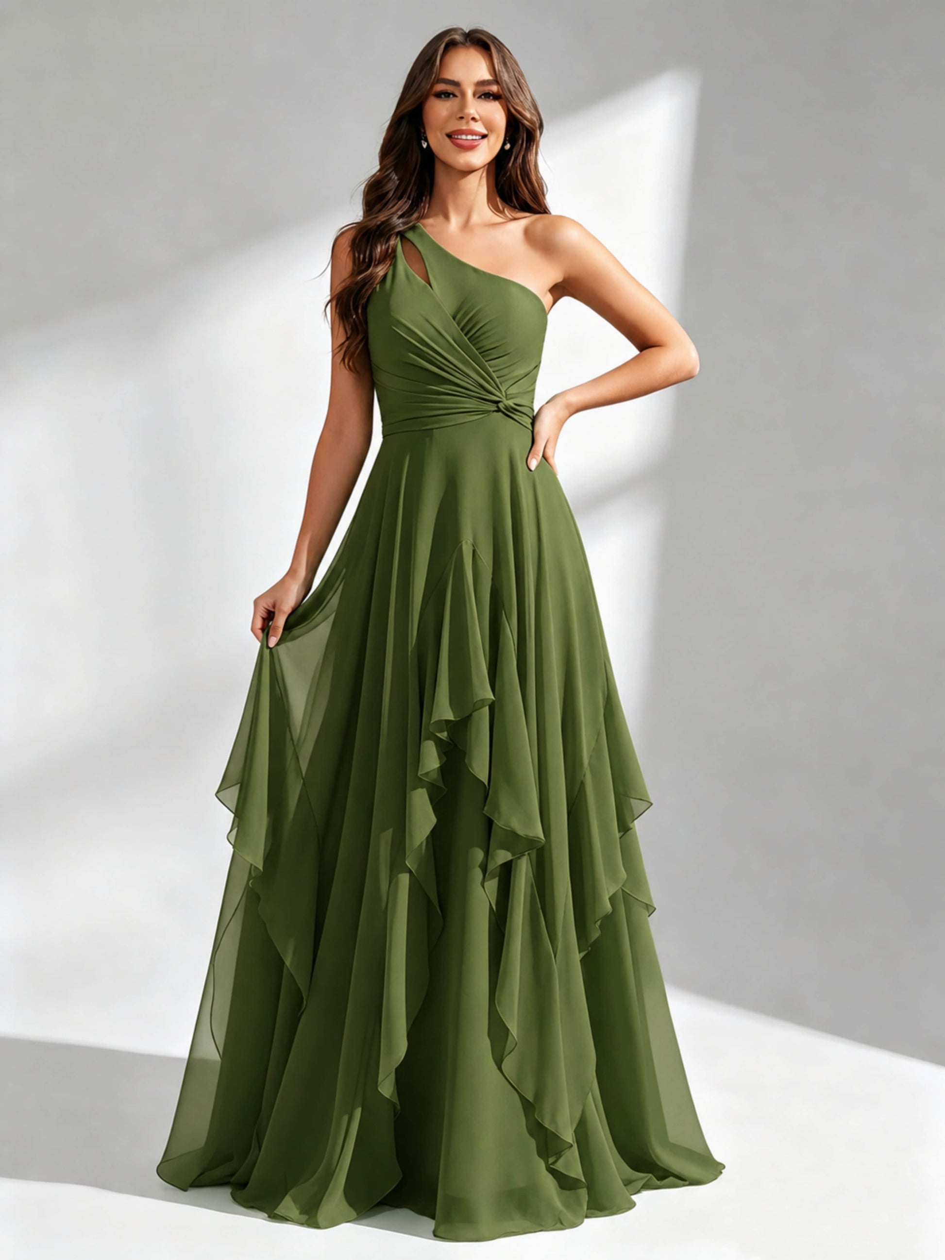 One Shoulder Ruffle Bridesmaid Dresses Formal Evening Gown