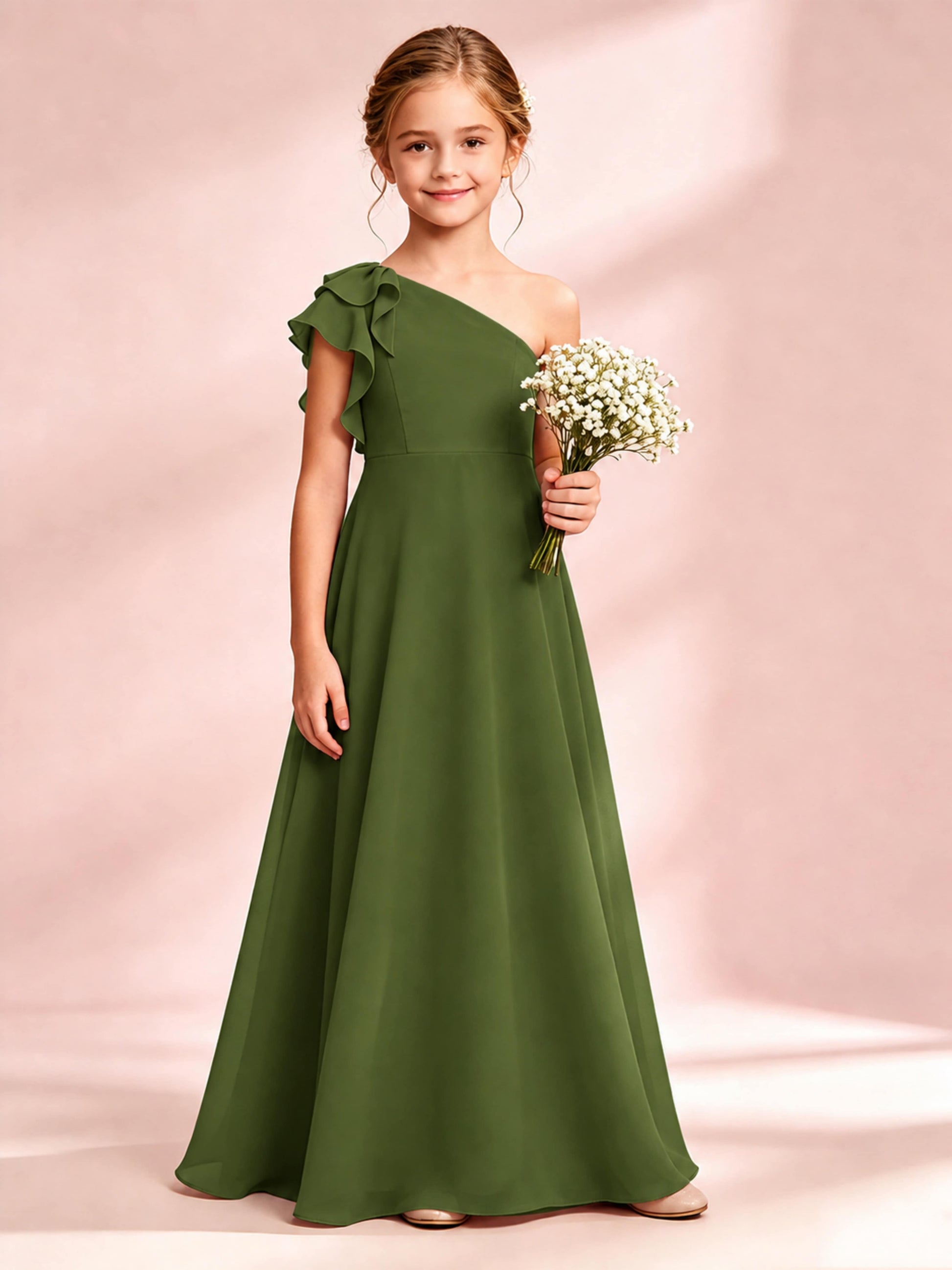 Chiffon Junior Bridesmaid Dress for Wedding One Shoulder Flower Girl Dresses