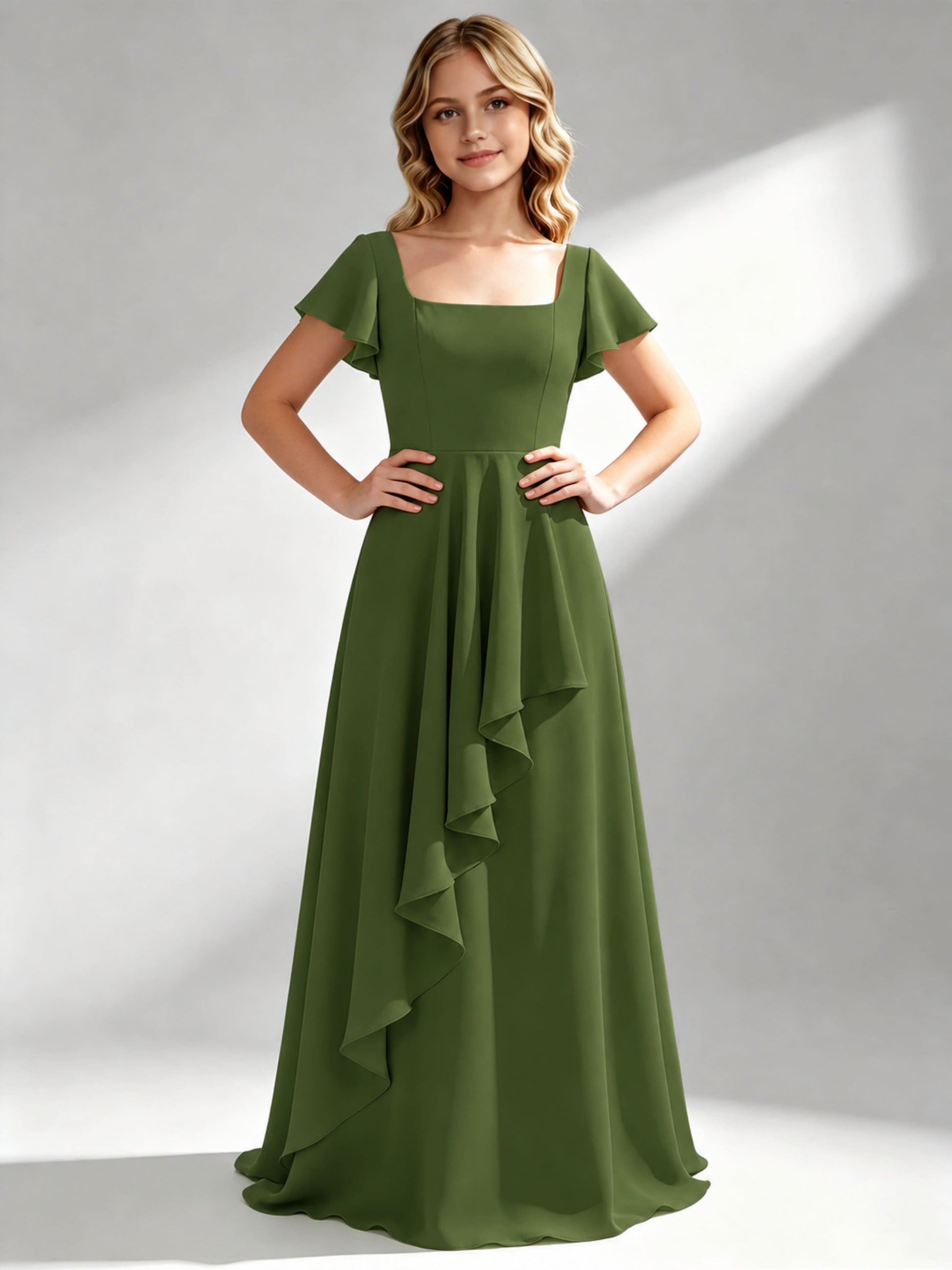 A-Line Square Neck Ruffle Junior Bridesmaid Dresses