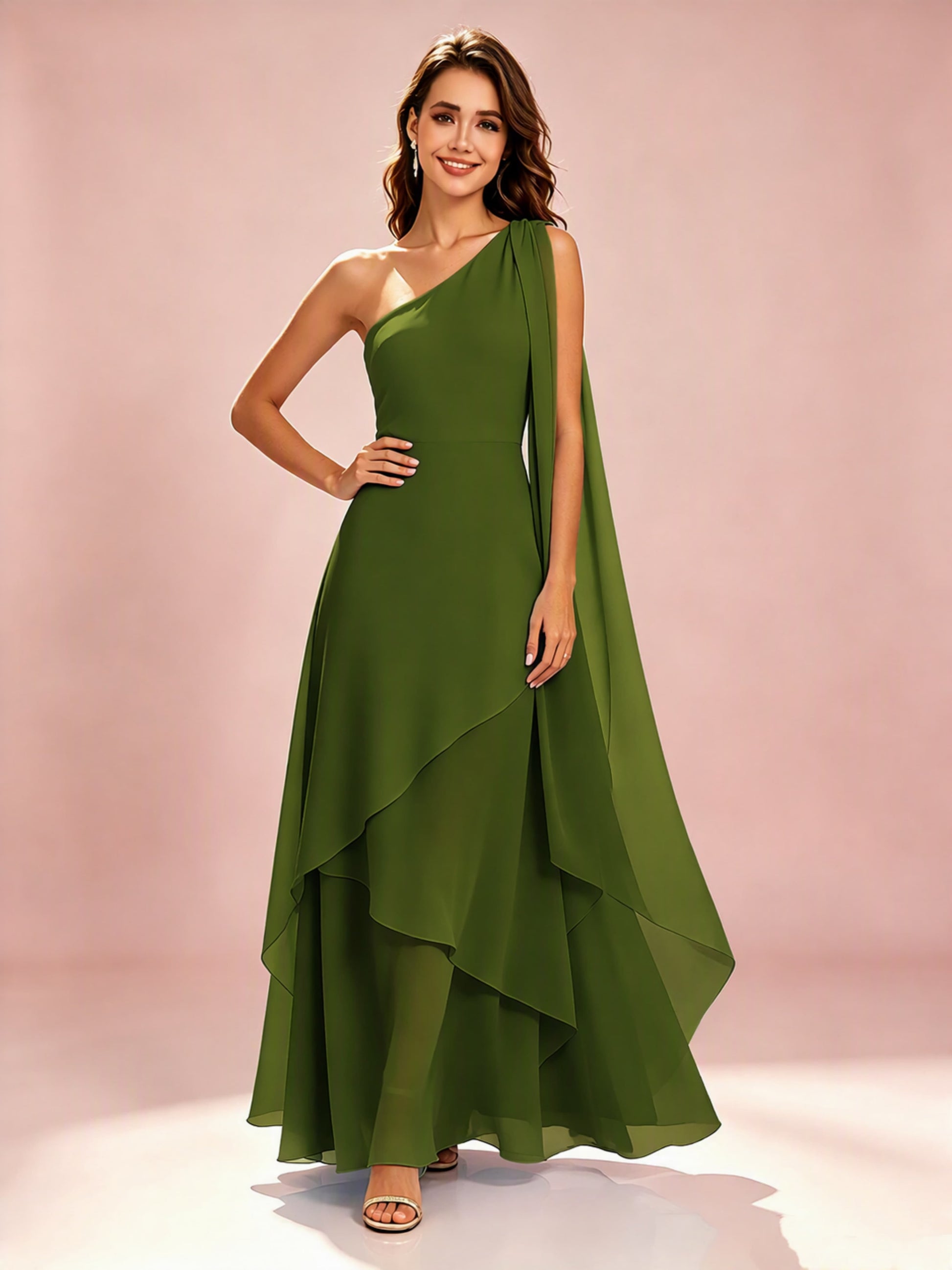 One Shoulder Chiffon Tiered Layered Bridesmaid Dresses for Wedding