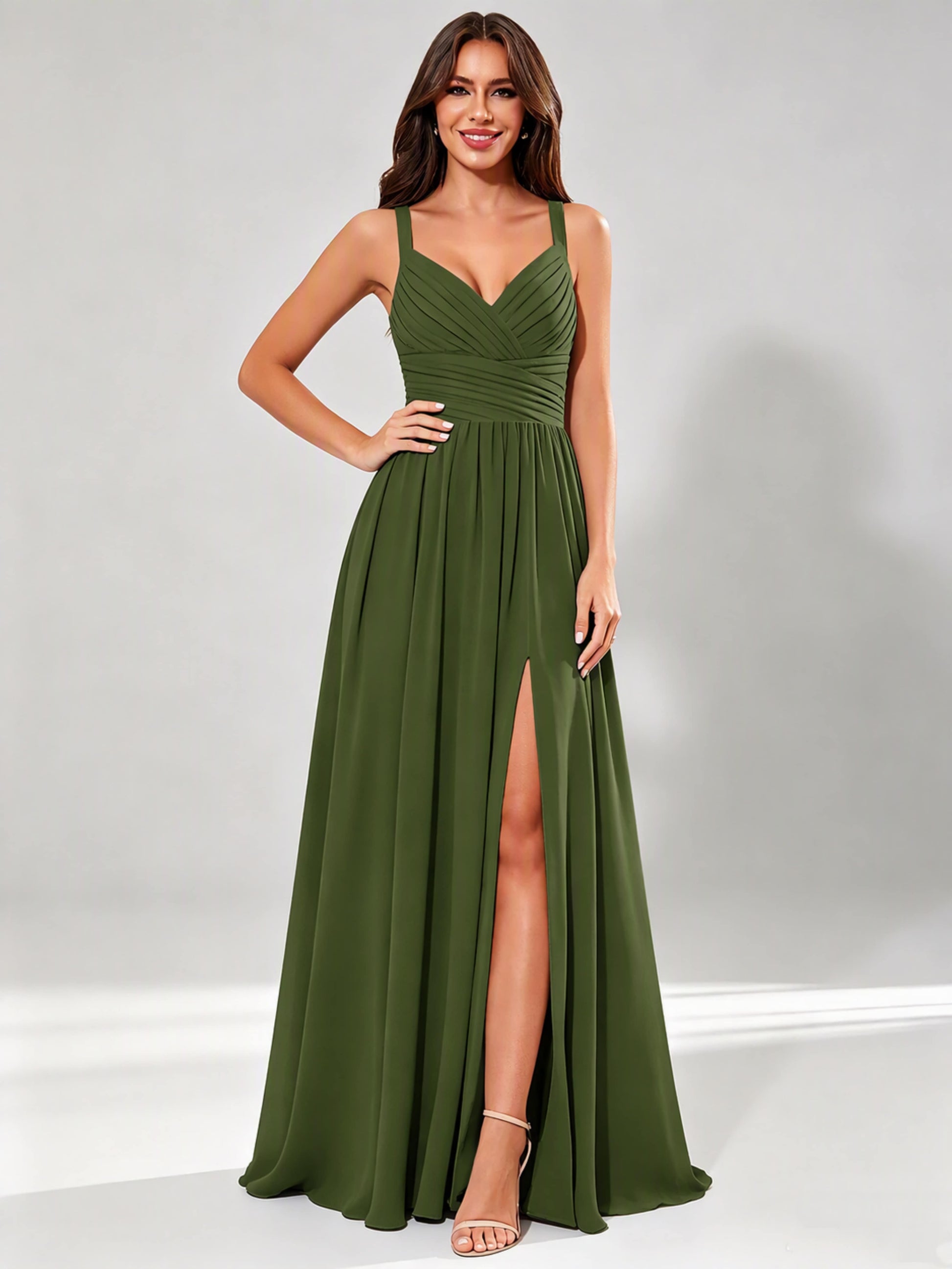 Spaghetti Straps Chiffon Ruched Bust Pleated Bridesmaid Dress for Wedding