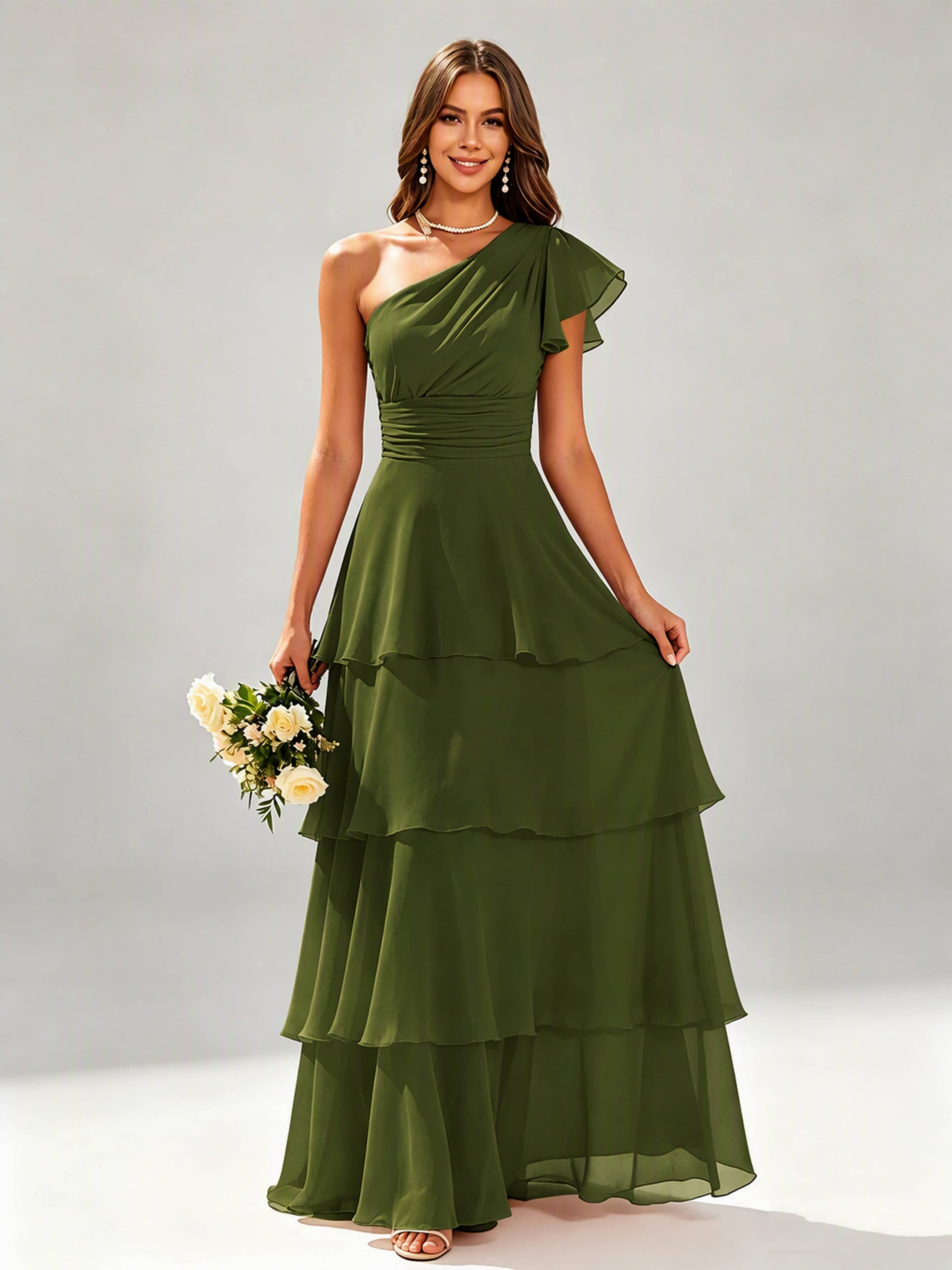 One Shoulder Ruffle Tiered Chiffon Bridesmaid Dress for Wedding