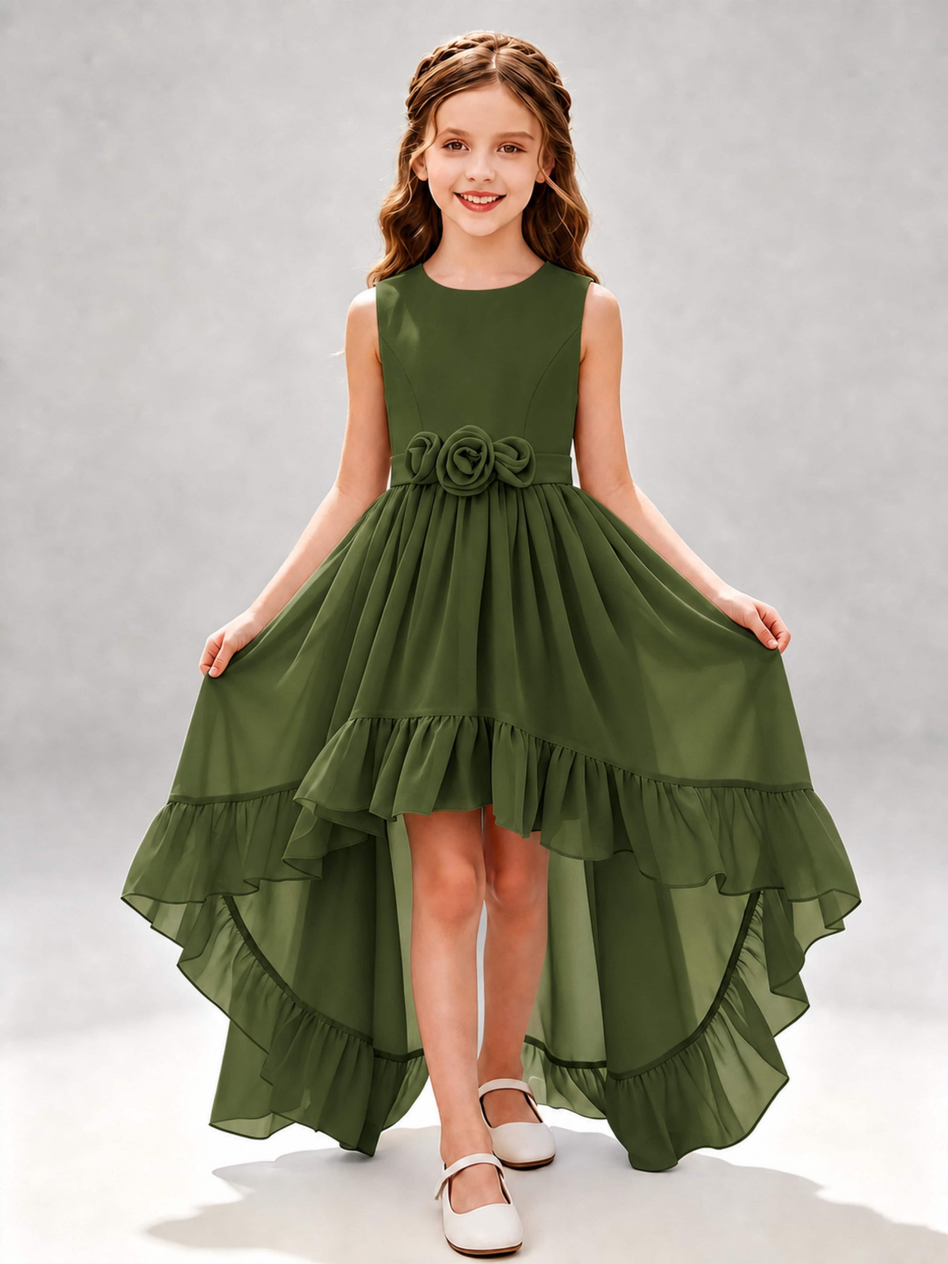 Chiffon 3D Flower High Low Junior Bridesmaid Dresses