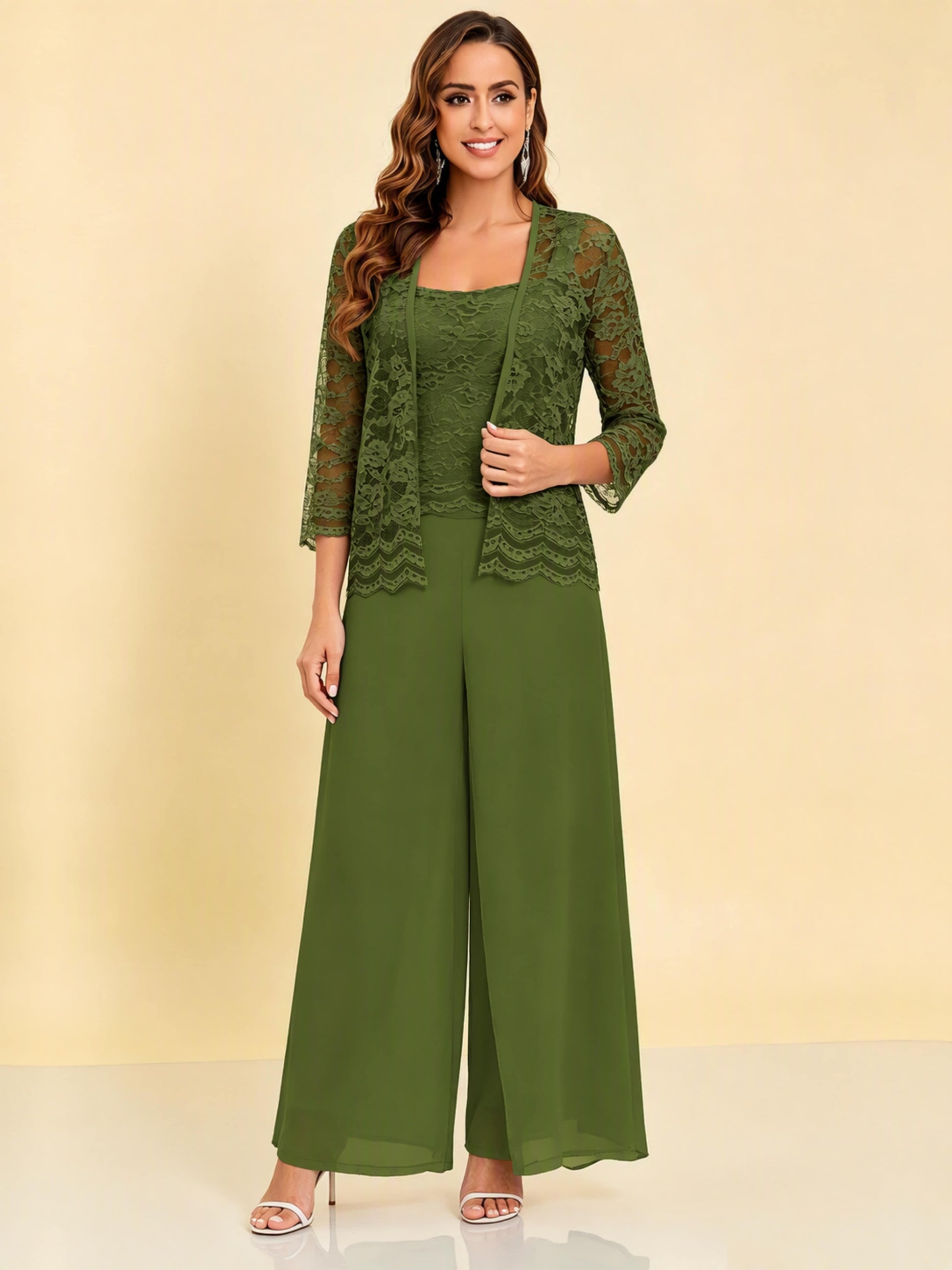 Chiffon Lace Flowy 3 Pieces Mother of The Bride Pant Suits Women Wedding