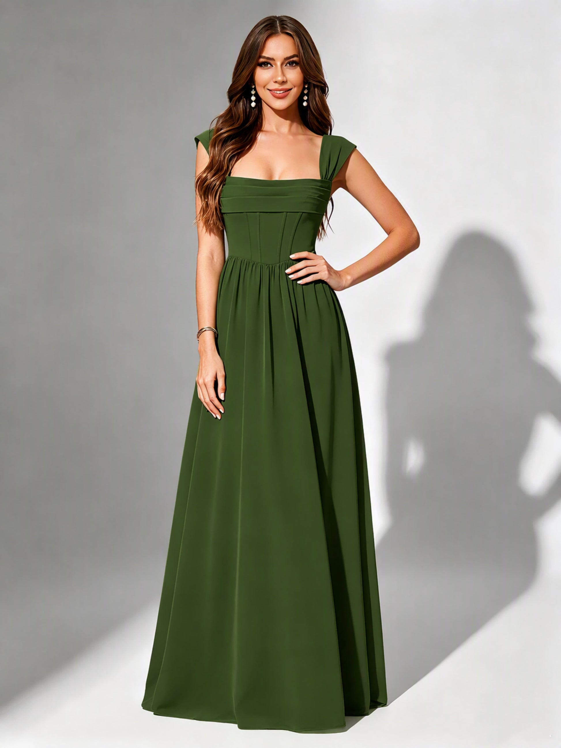 Square Neck Chiffon Bridesmaid Dress Corset Formal Gown