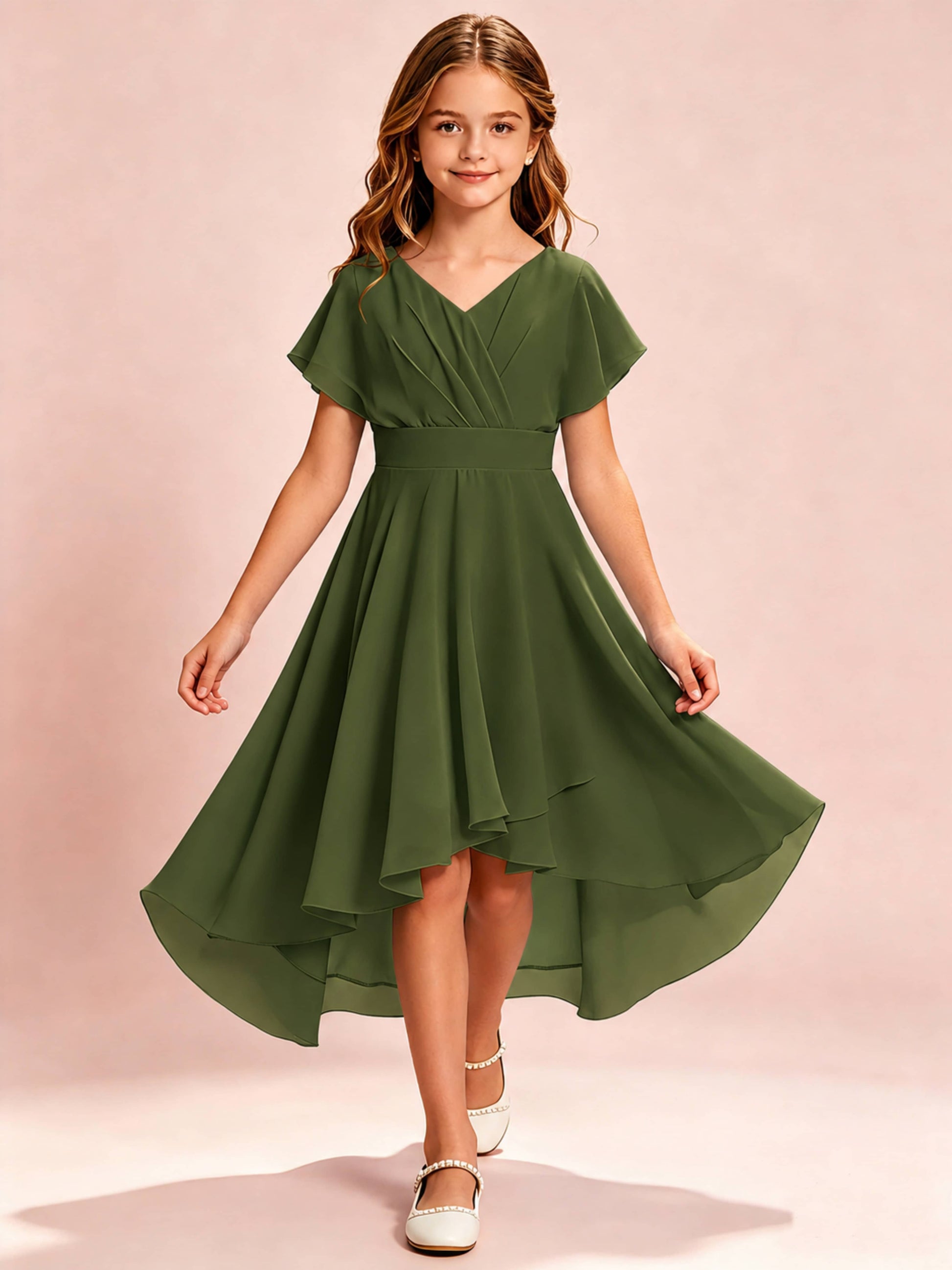 Chiffon High Low Cap Sleeve Junior Bridesmaid Dress for Wedding