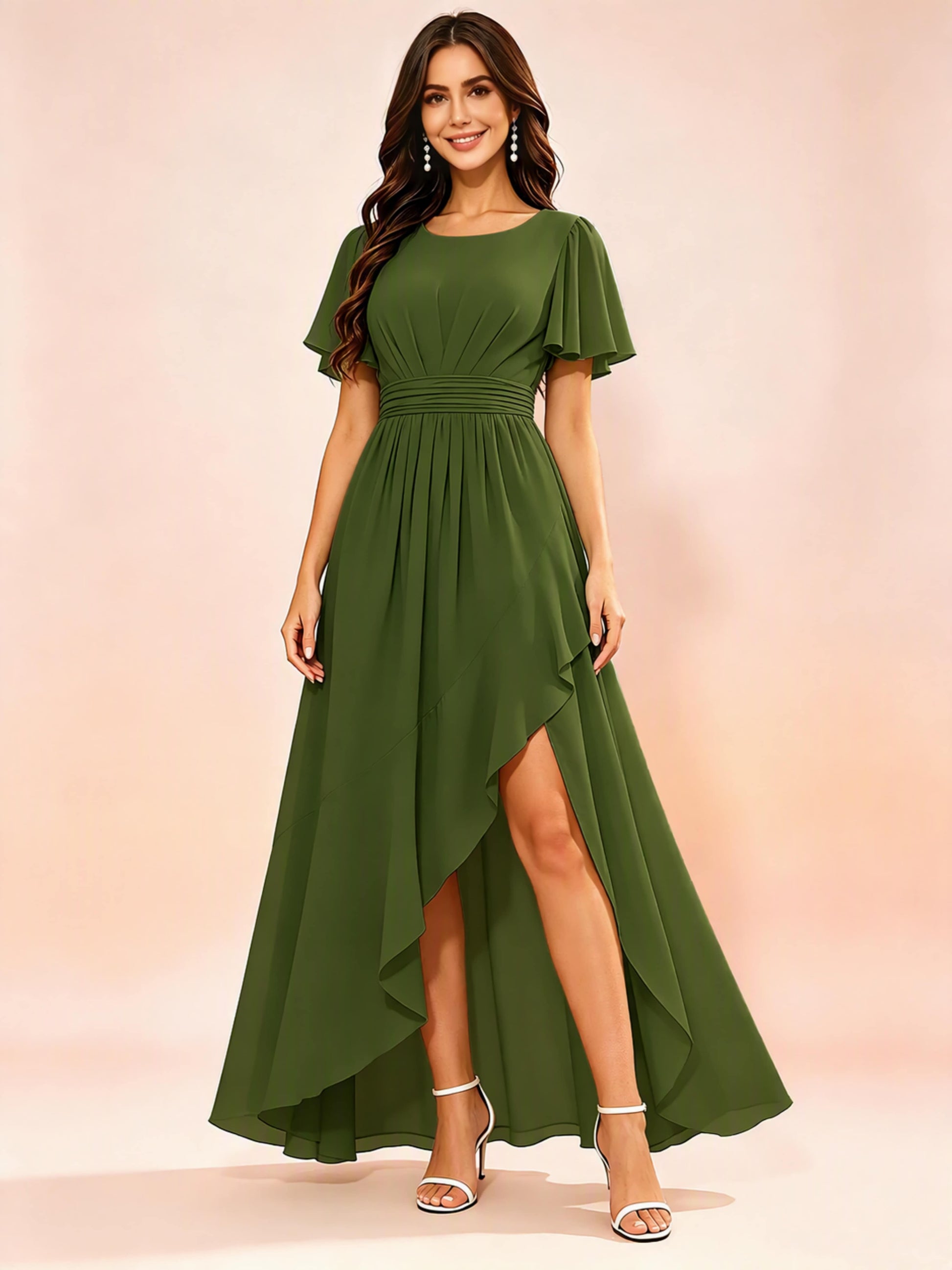 Chiffon High Low Round Neck Bridesmaid / Wedding Guest Dresses