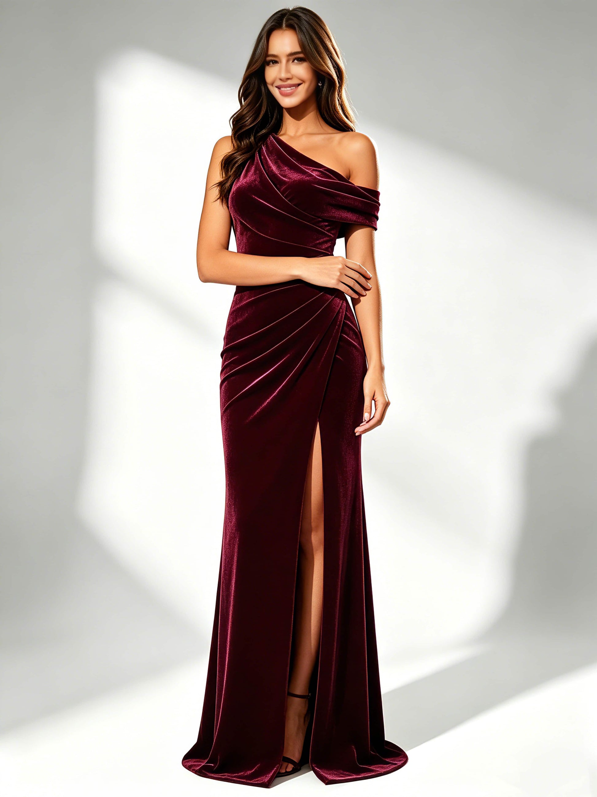 One Shoulder Velvet Bridesmaid Dresses for Women
