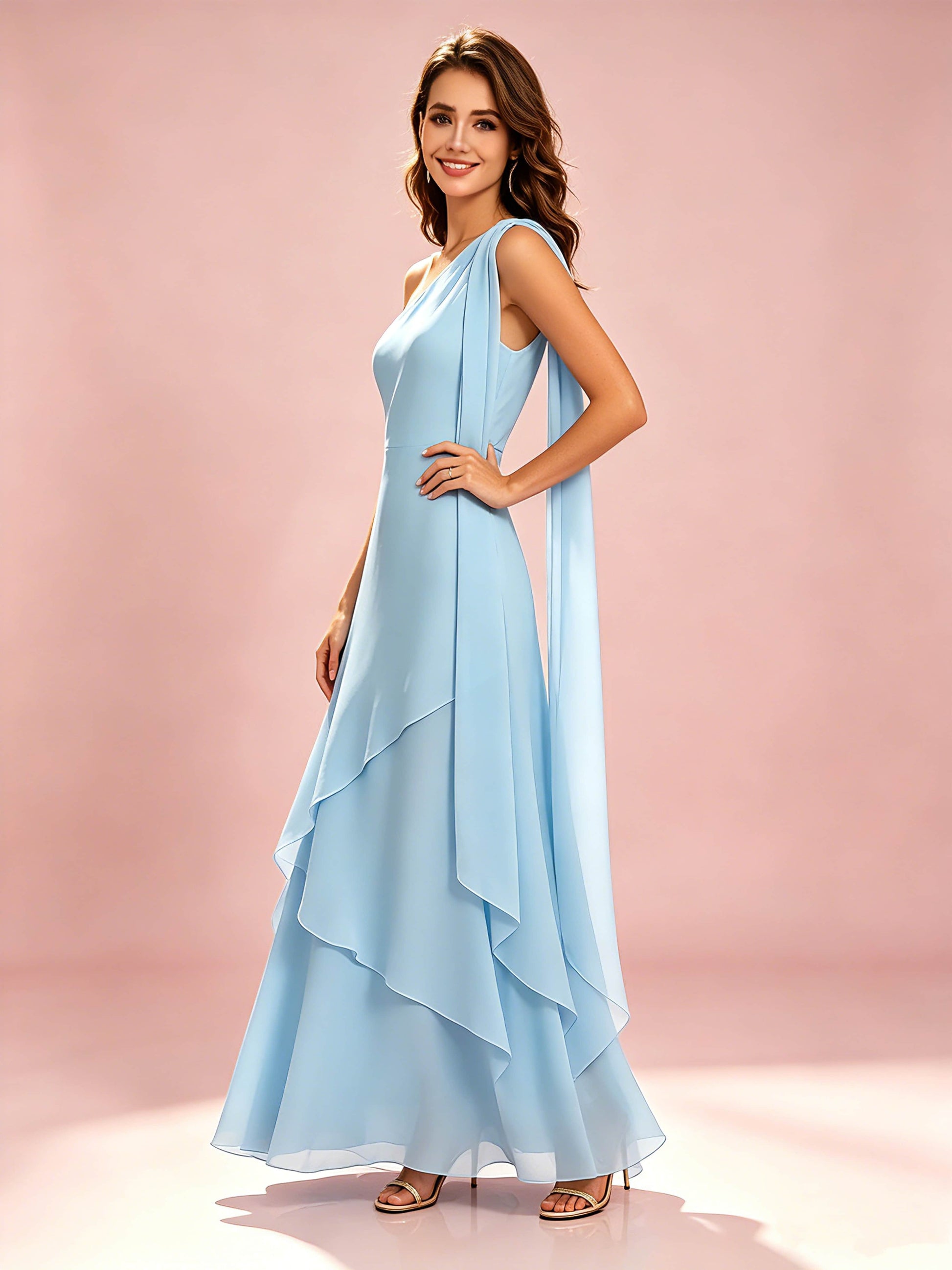 One Shoulder Chiffon Tiered Layered Bridesmaid Dresses for Wedding