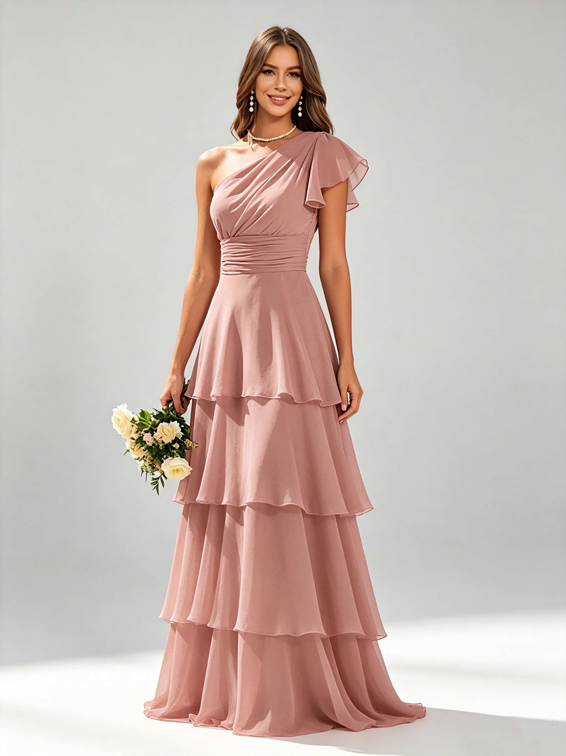 One Shoulder Ruffle Tiered Chiffon Bridesmaid Dress for Wedding