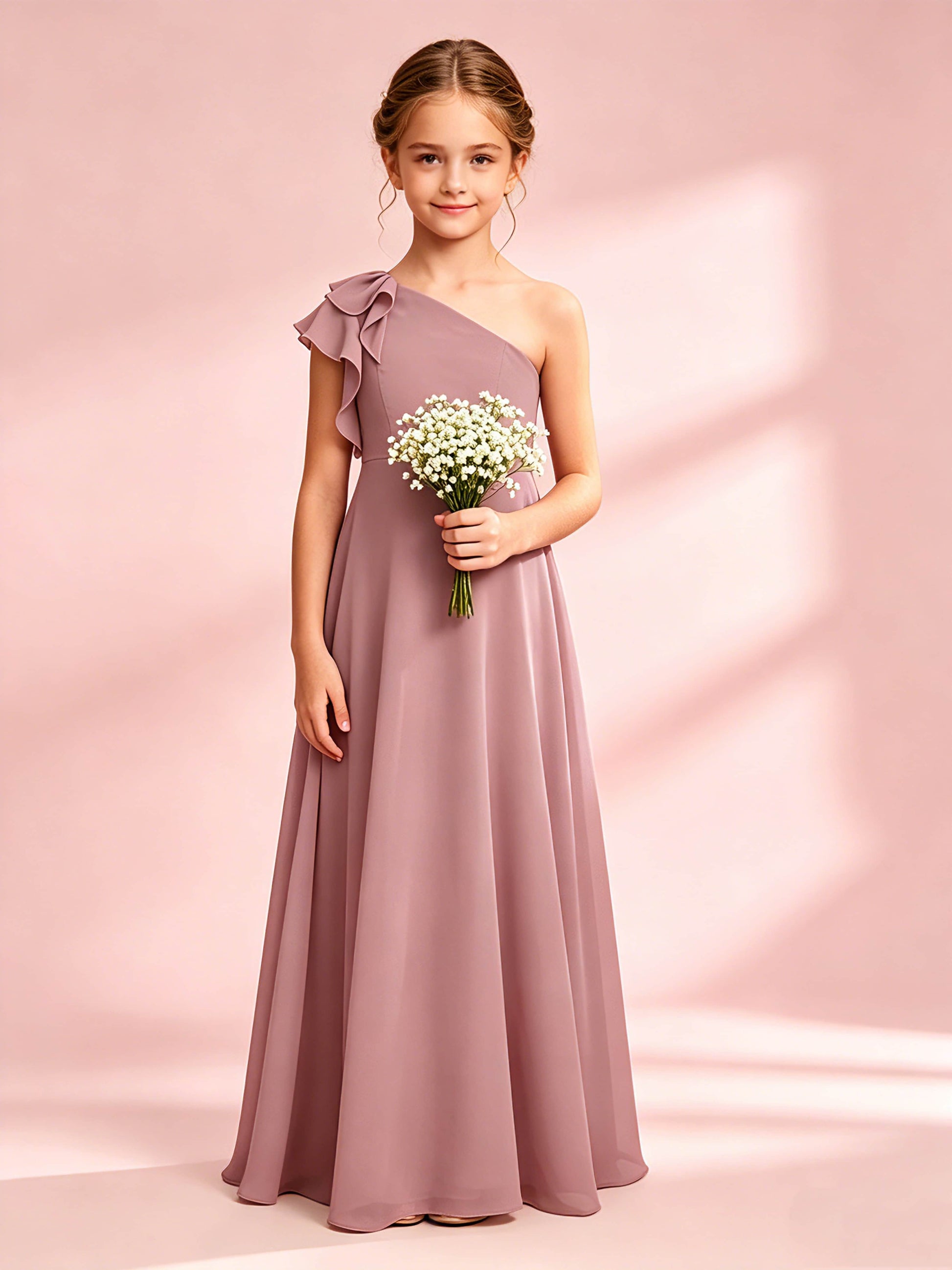 Chiffon Junior Bridesmaid Dress for Wedding One Shoulder Flower Girl Dresses