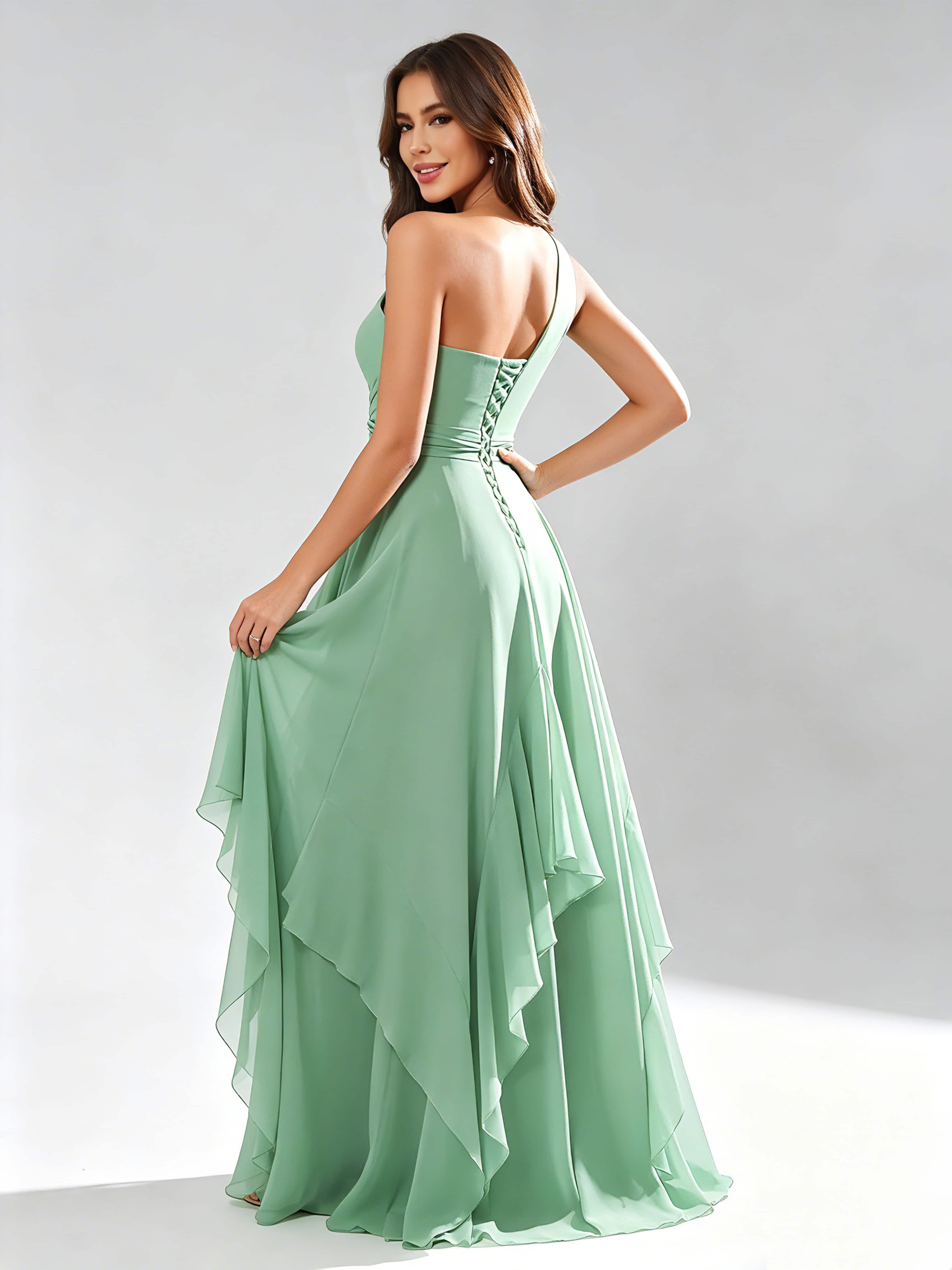 One Shoulder Ruffle Bridesmaid Dresses Formal Evening Gown