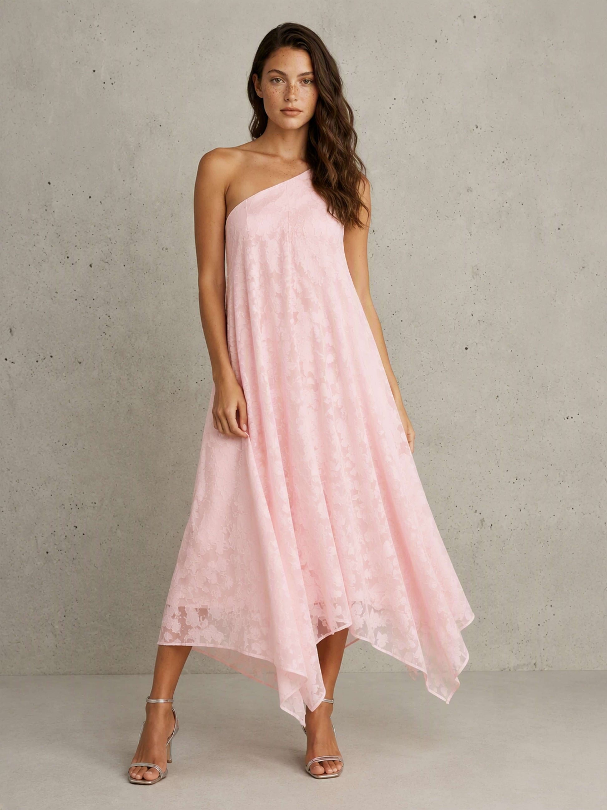 One Shoulder Jacquard Chiffon Backless Wedding Guest Dress Formal Party Gown