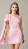 Satin Jacquard One Shoulder Short Homecoming Dress with Bow