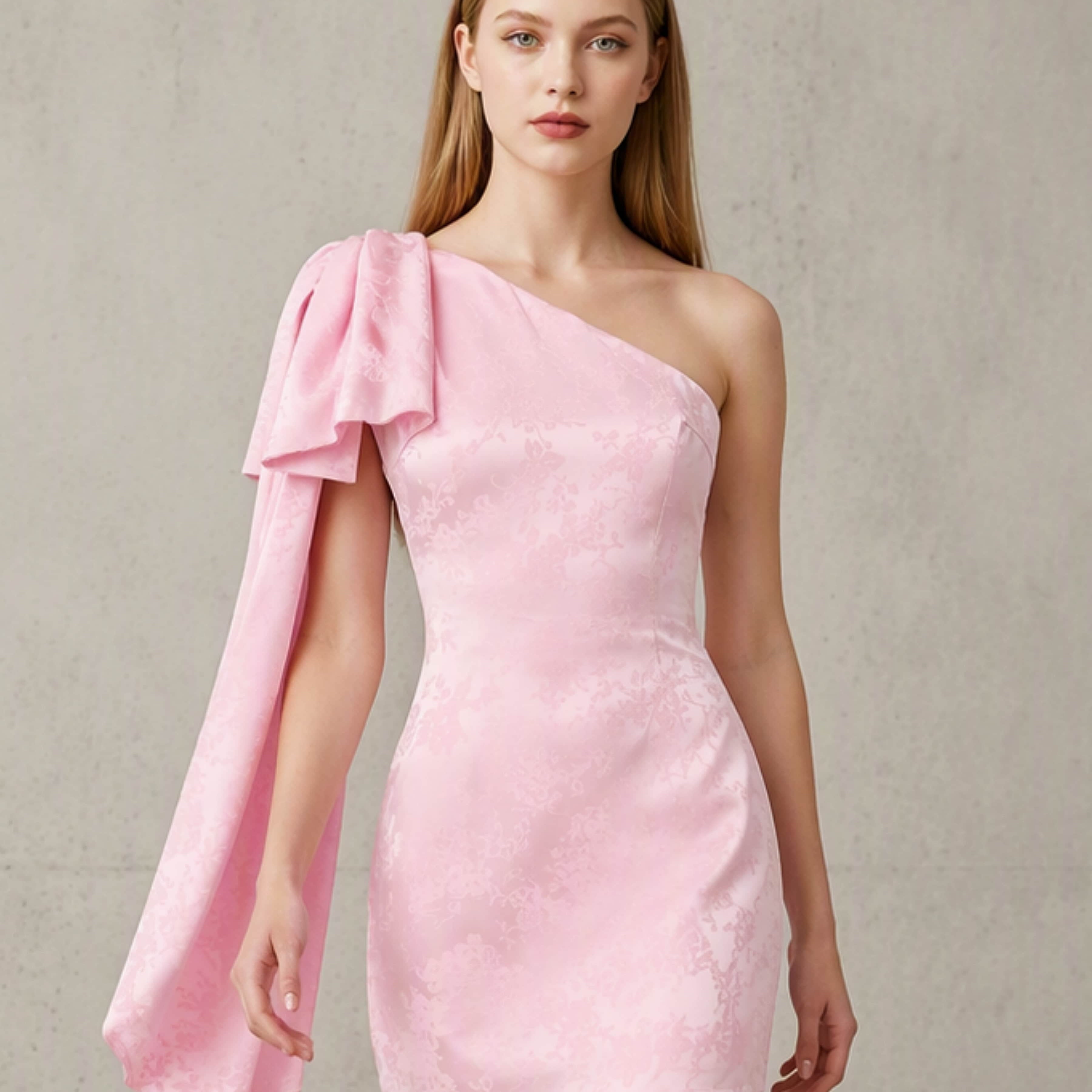 Satin Jacquard One Shoulder Short Homecoming Dress with Bow