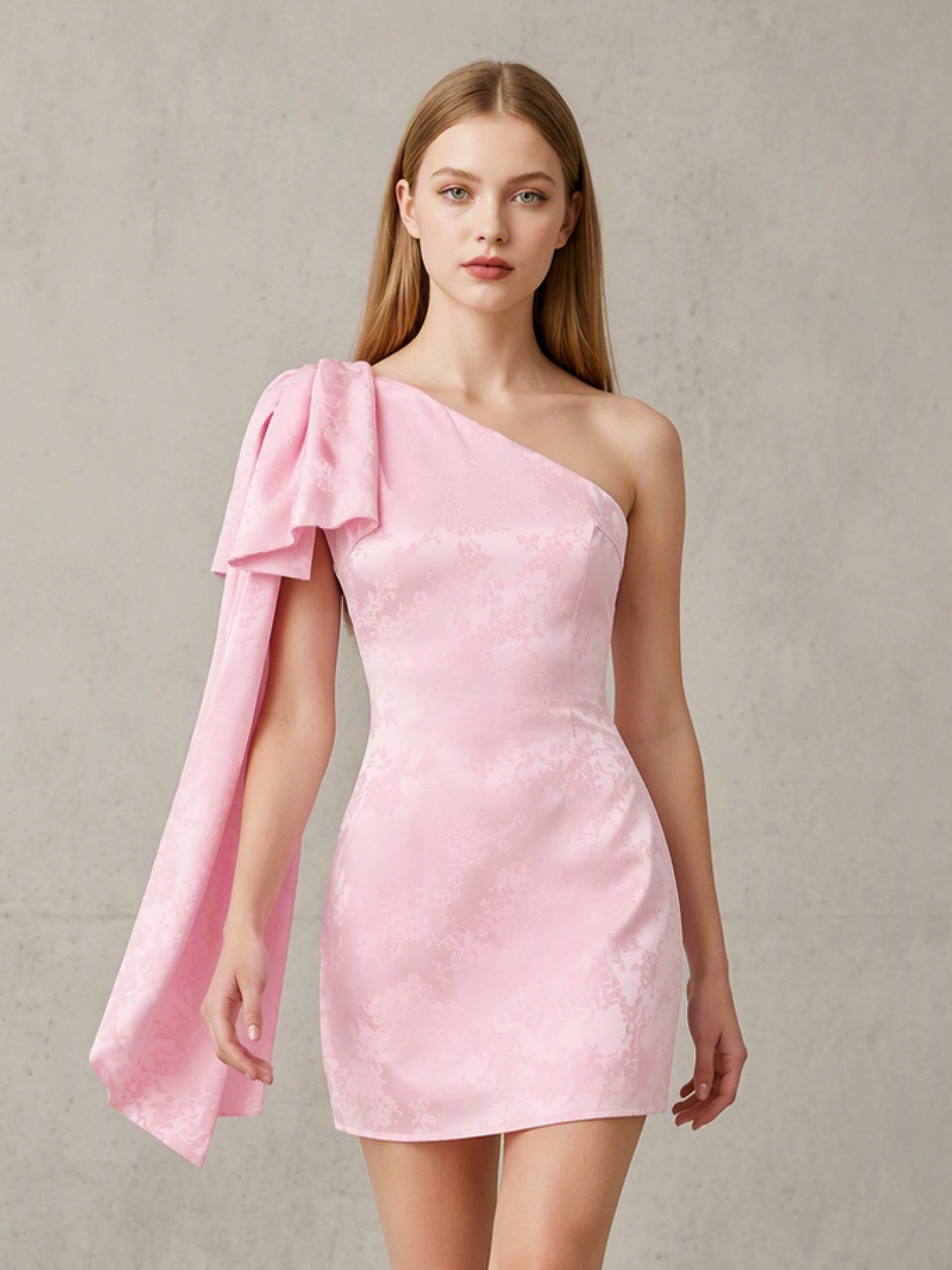 Satin Jacquard One Shoulder Short Homecoming Dress with Bow