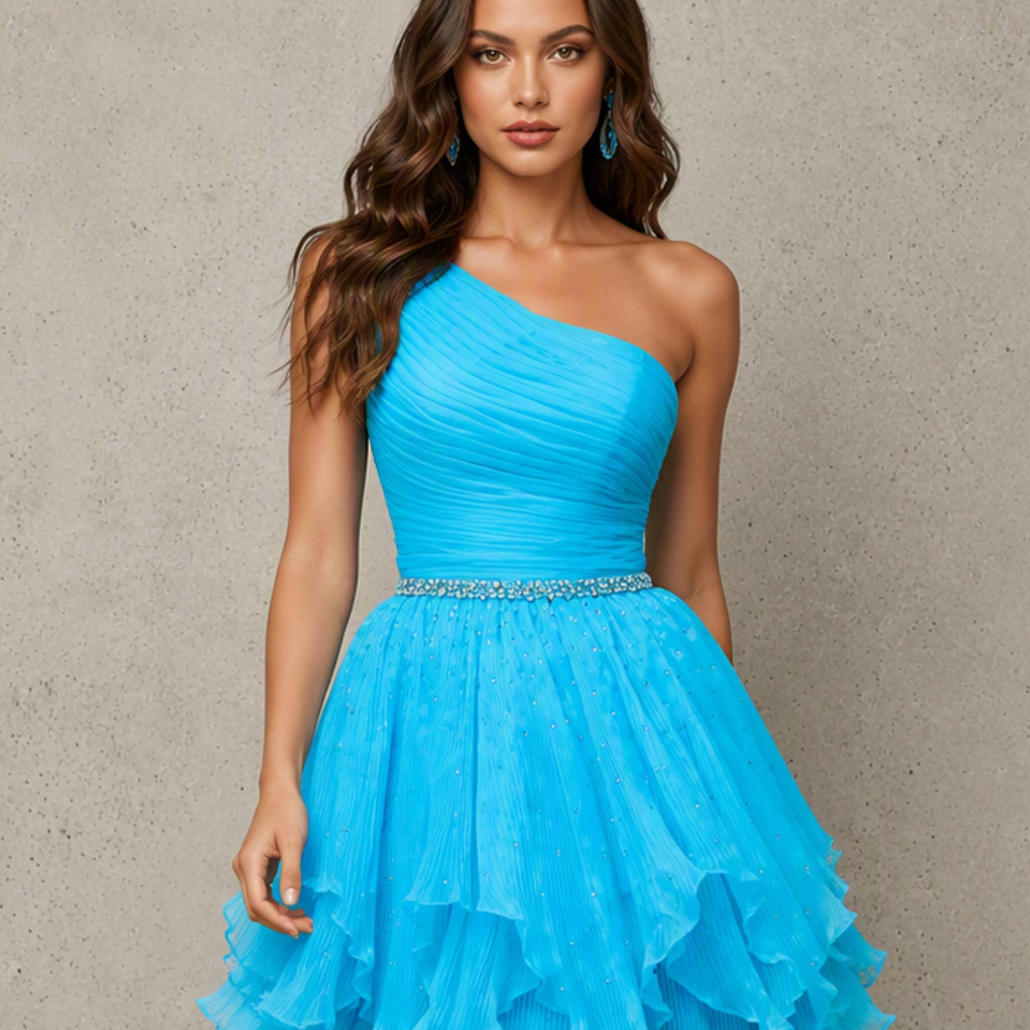 One Shoulder Tulle Puffy Ruffle Homecoming Dress