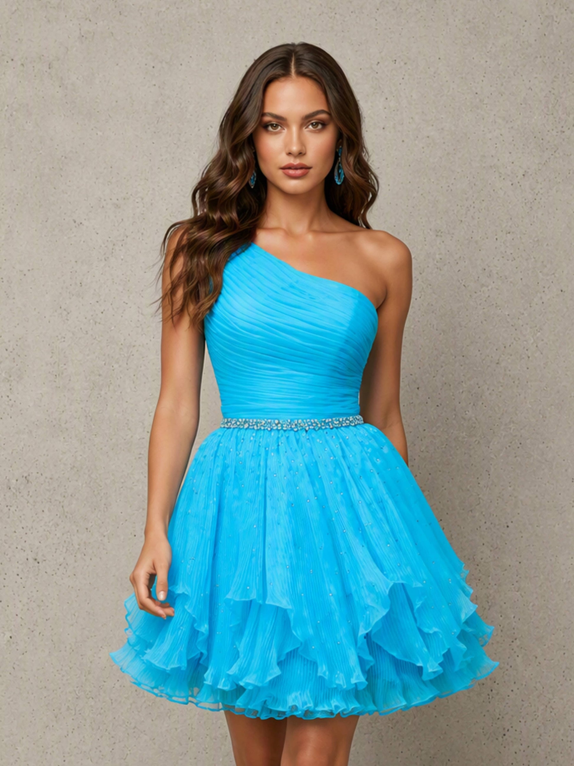 One Shoulder Tulle Puffy Ruffle Homecoming Dress