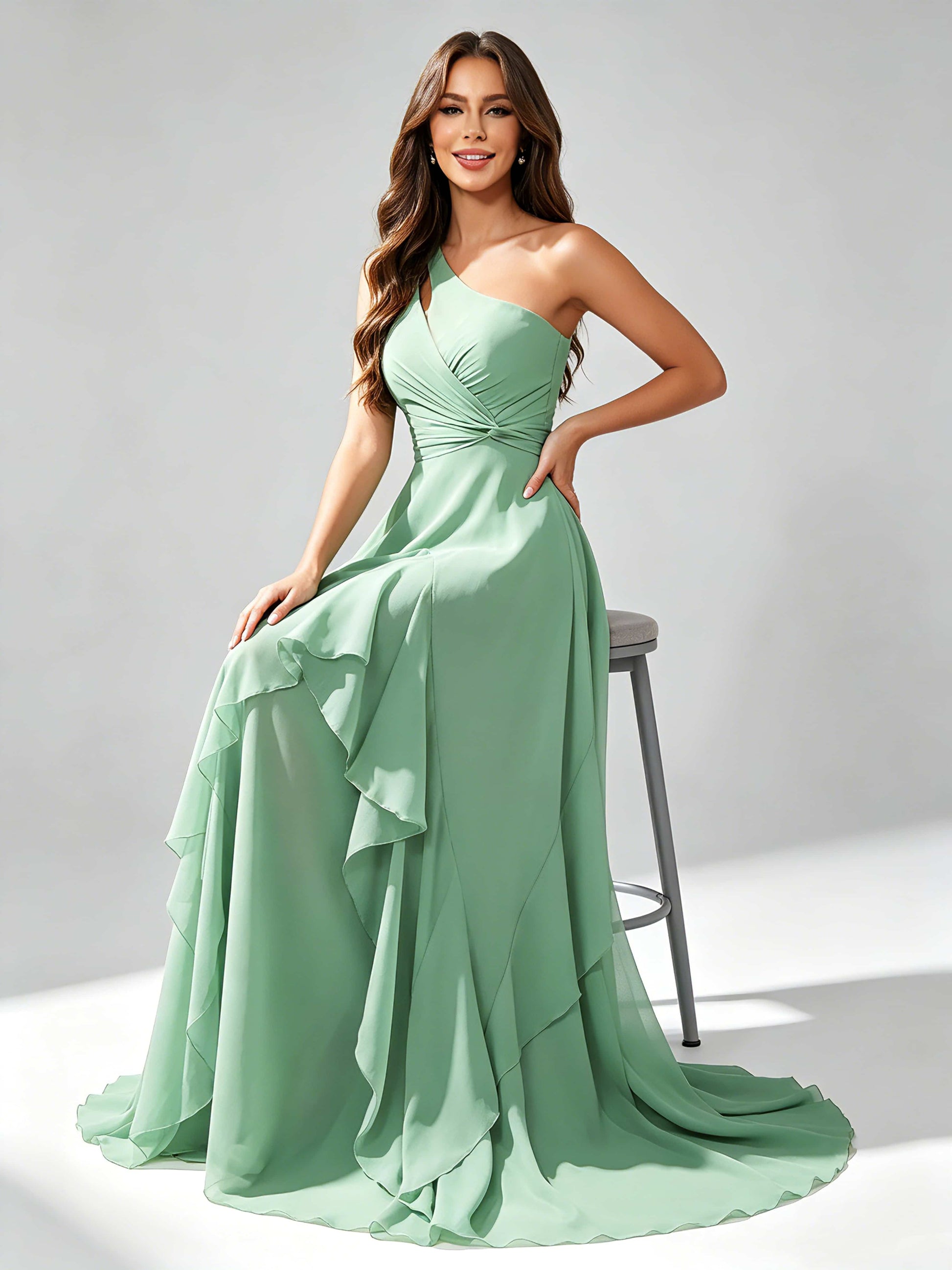 One Shoulder Ruffle Bridesmaid Dresses Formal Evening Gown