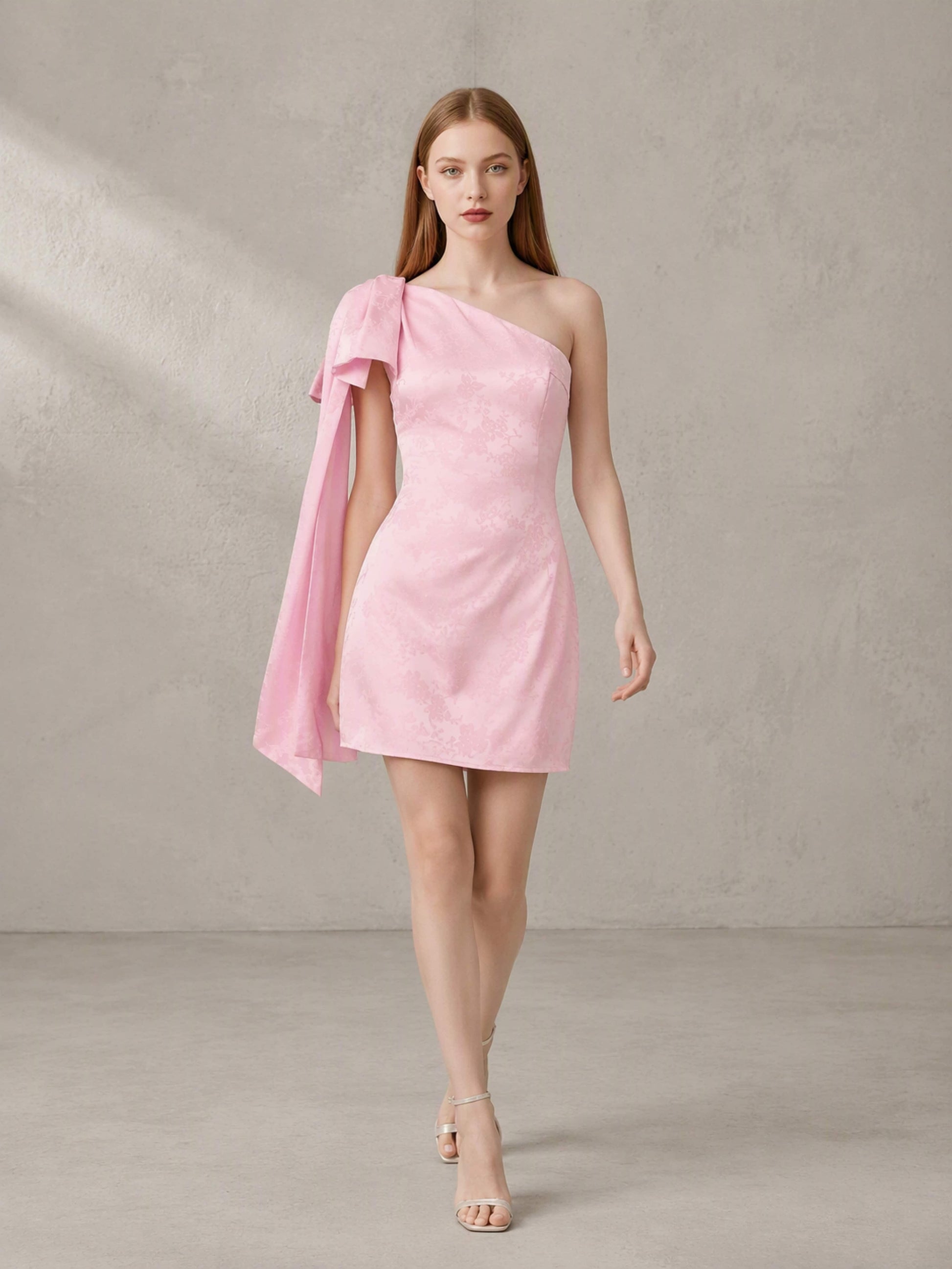 Satin Jacquard One Shoulder Short Homecoming Dress with Bow