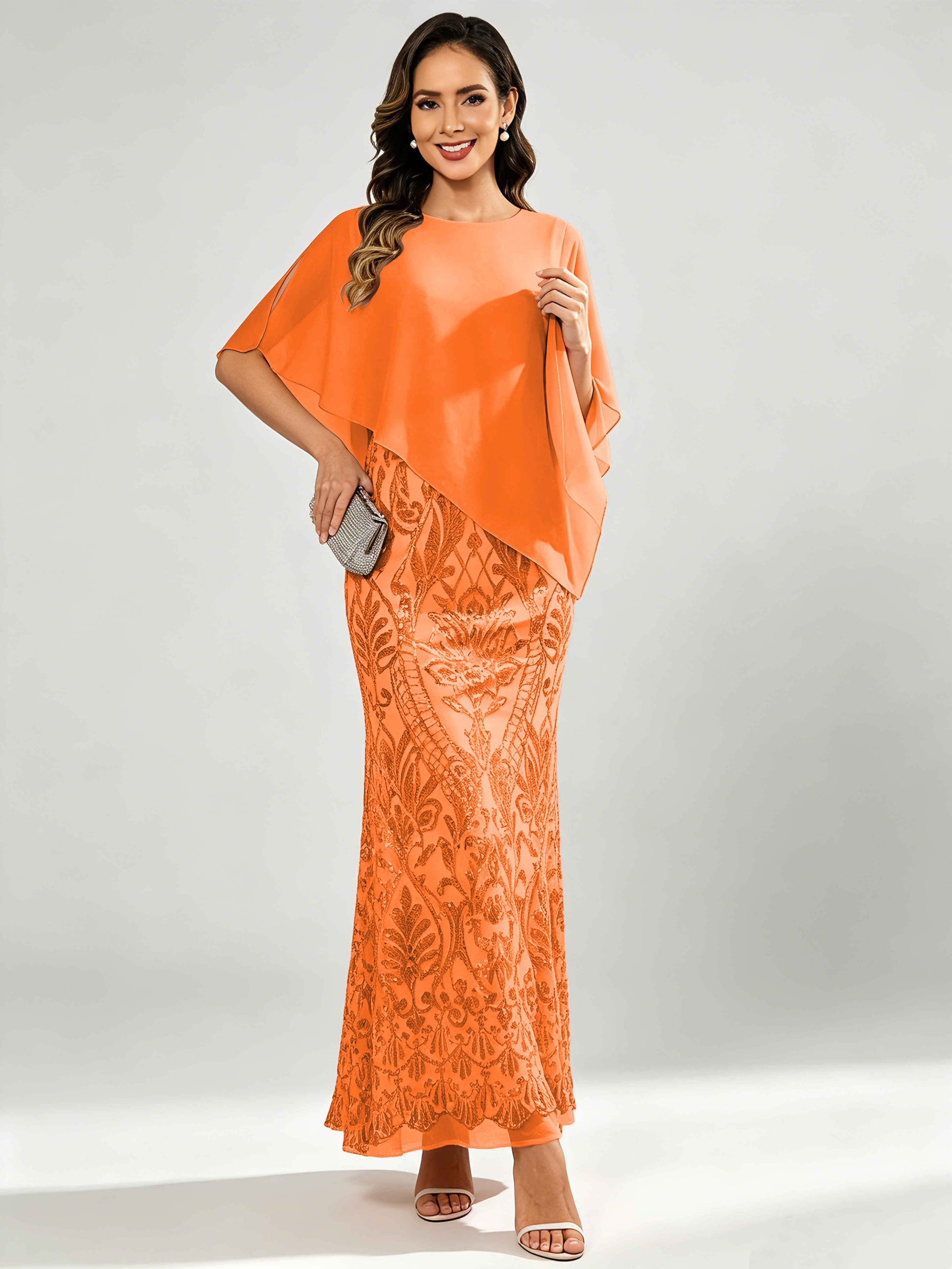 Mermaid Sequin Mother of The Bride Dress with Chiffon Cape