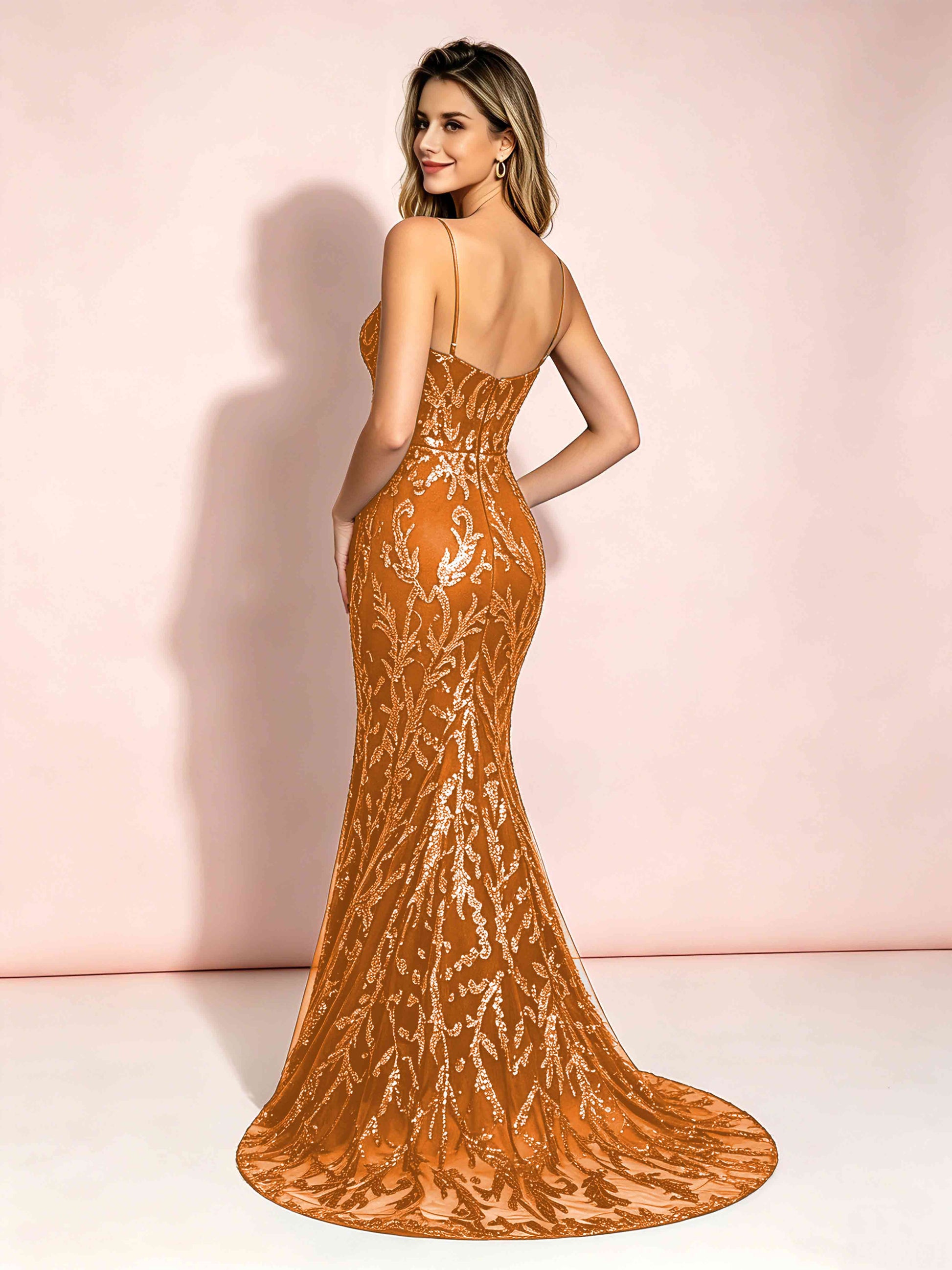 Mermaid V-Neck Sweep Train Sequin Sparkly Prom Dresses with Slit