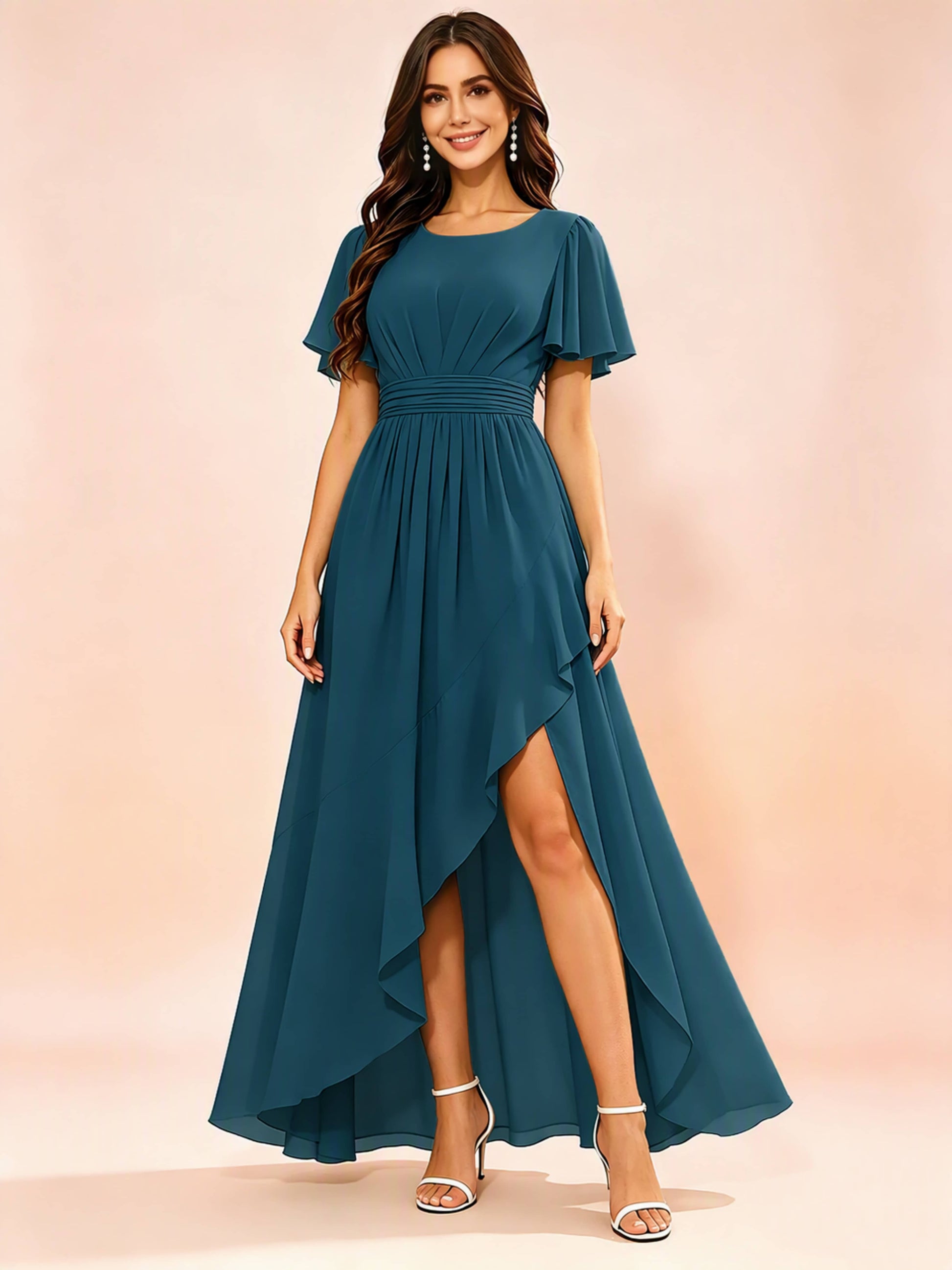 Chiffon High Low Round Neck Bridesmaid / Wedding Guest Dresses