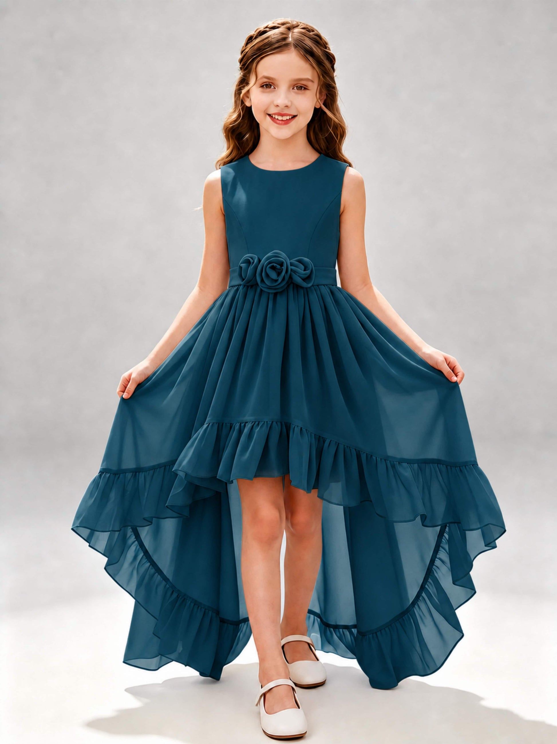 Chiffon 3D Flower High Low Junior Bridesmaid Dresses