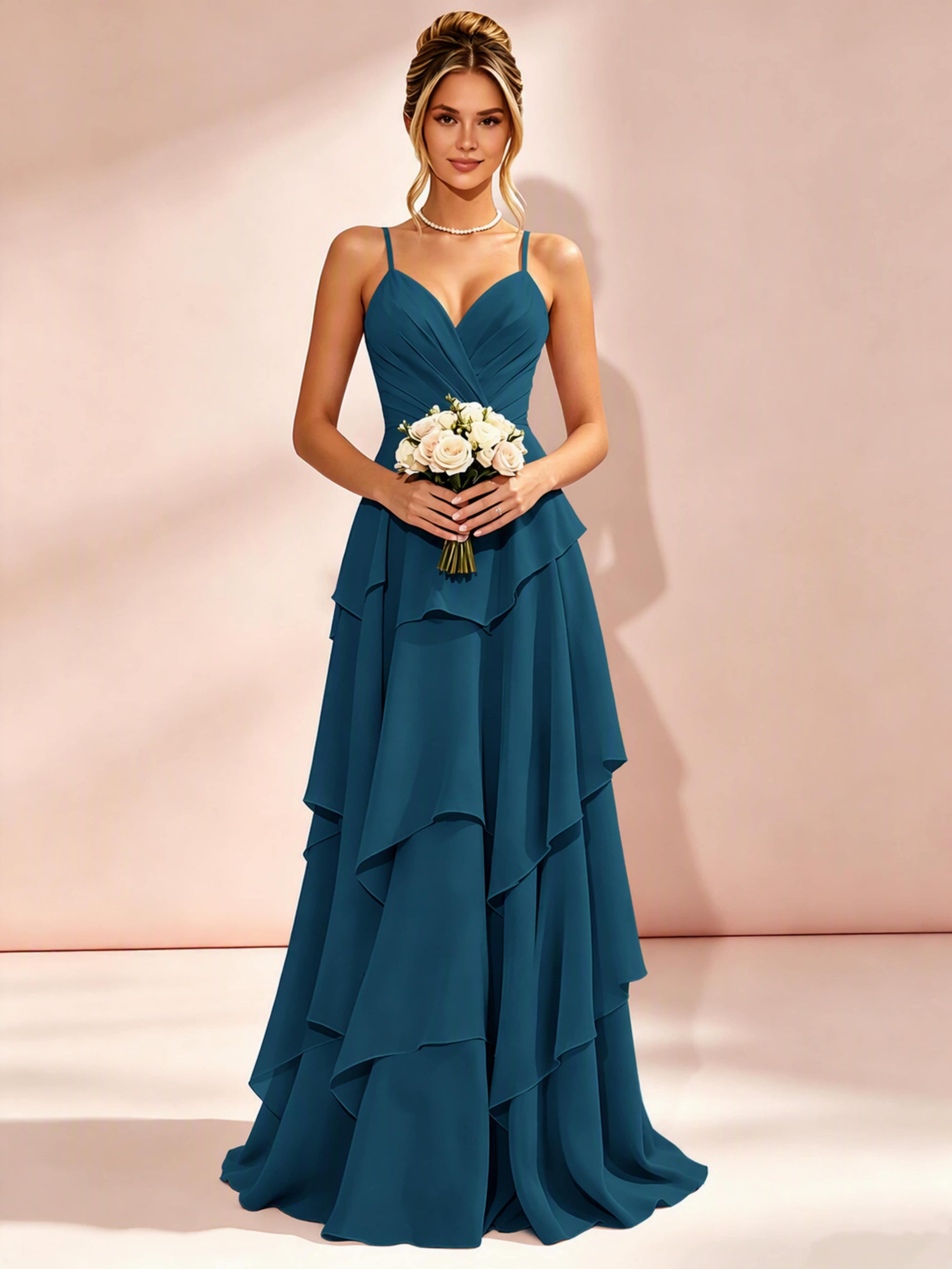 Spaghetti Straps Ruffle Tiered Chiffon Bridesmaid Dress for Wedding