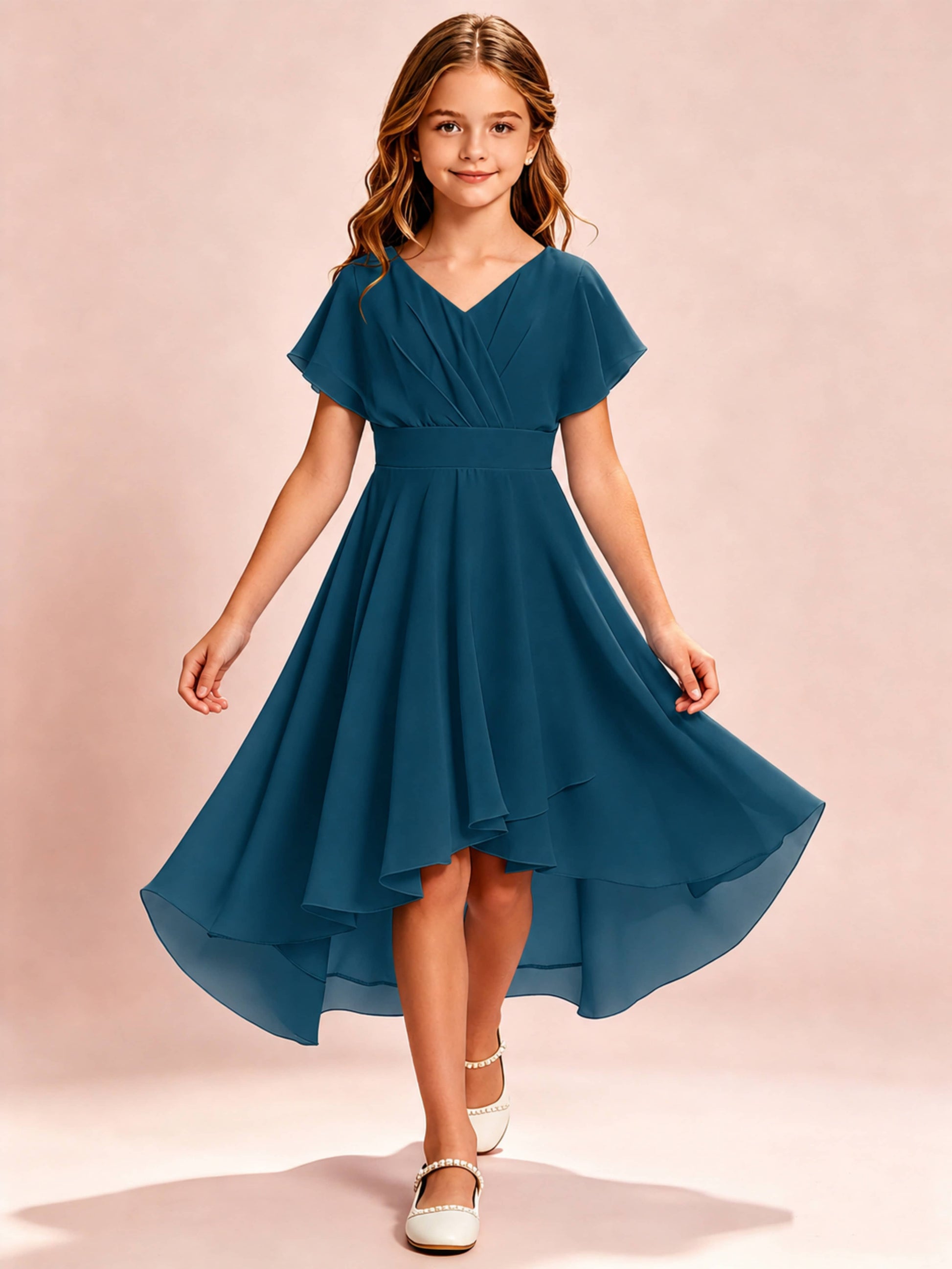 Chiffon High Low Cap Sleeve Junior Bridesmaid Dress for Wedding