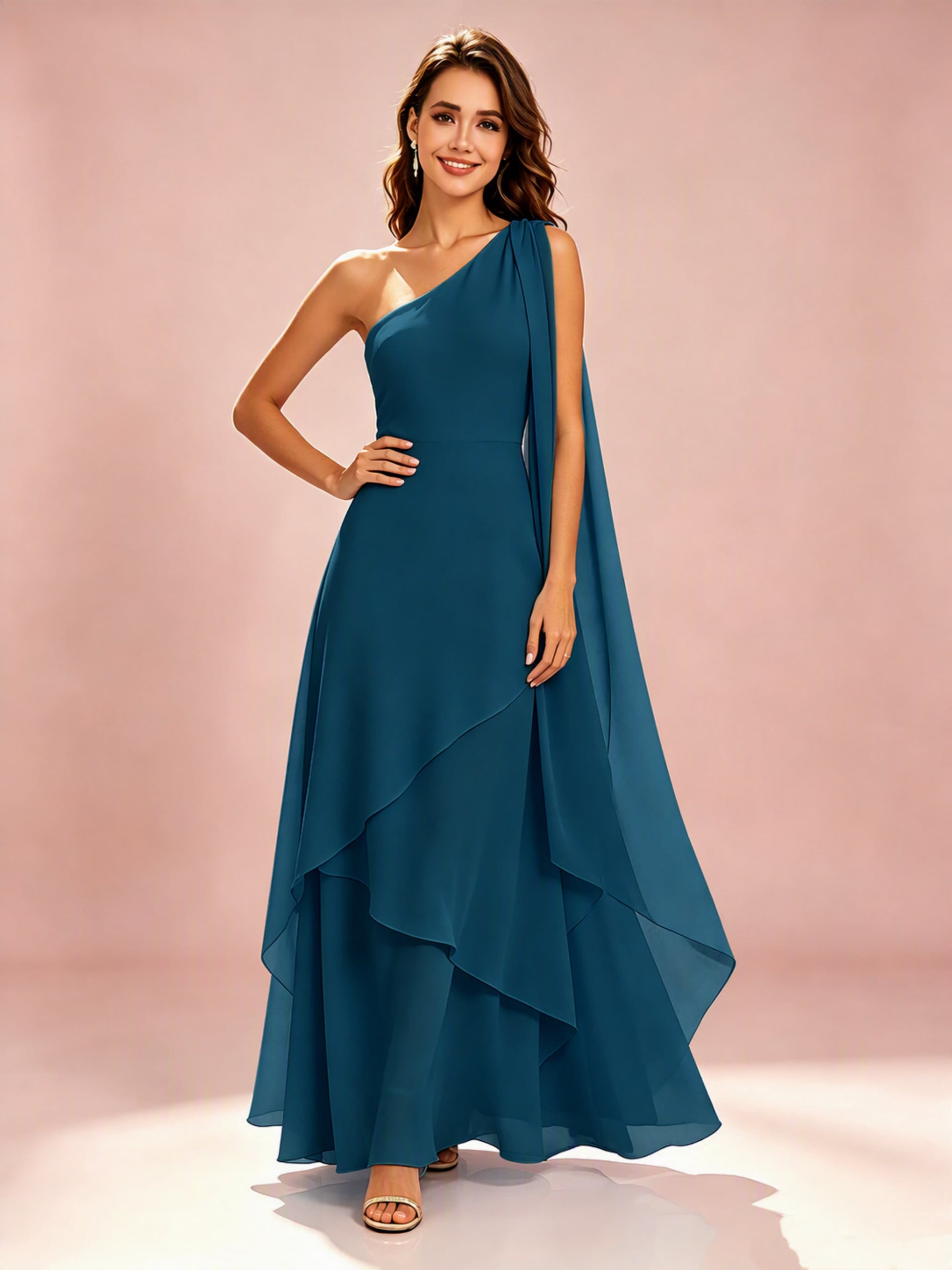 One Shoulder Chiffon Tiered Layered Bridesmaid Dresses for Wedding