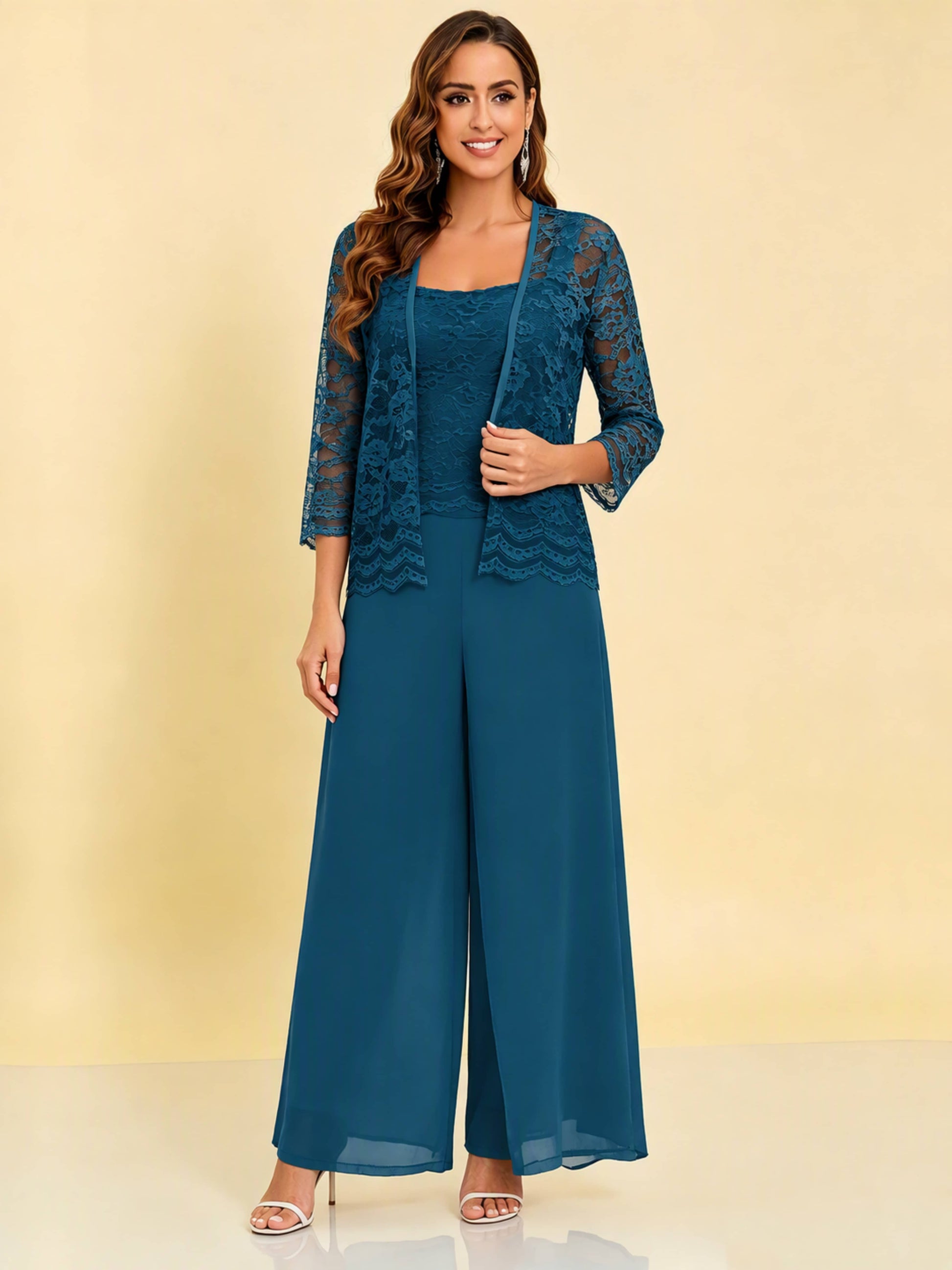 Chiffon Lace Flowy 3 Pieces Mother of The Bride Pant Suits Women Wedding