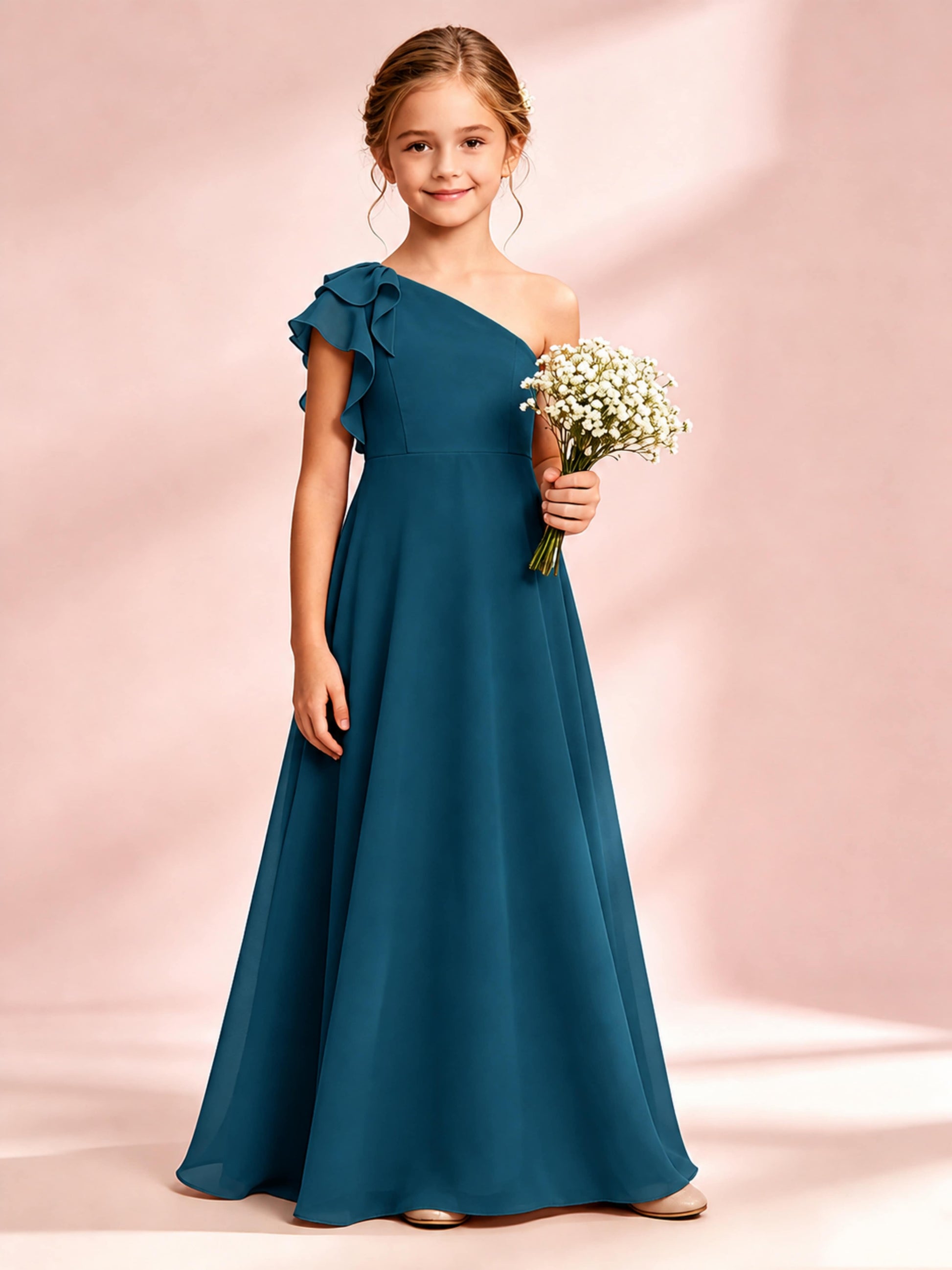 Chiffon Junior Bridesmaid Dress for Wedding One Shoulder Flower Girl Dresses