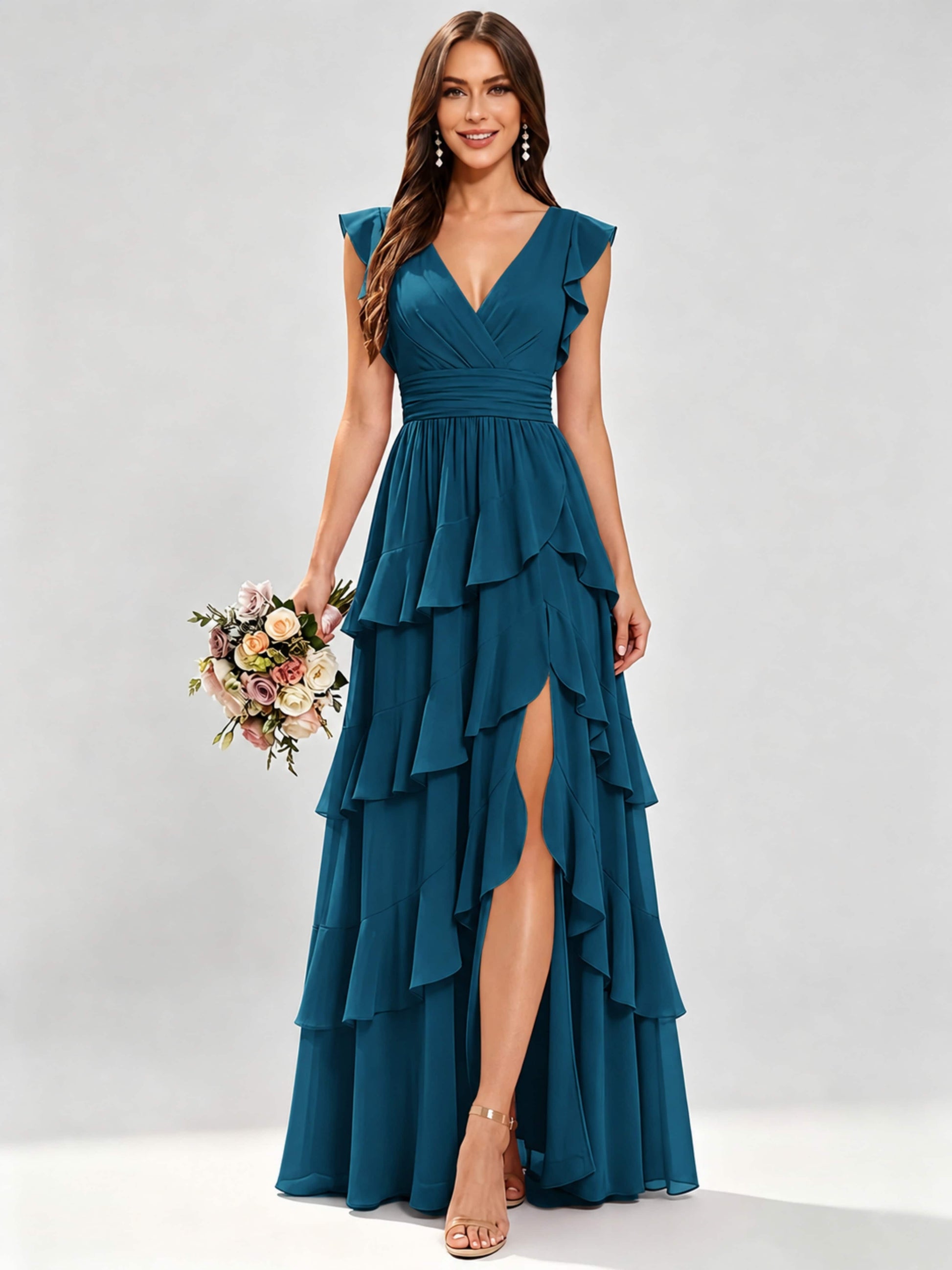 Ruffle Sleeve Tiered Chiffon Bridesmaid Dresses for Wedding with Slit