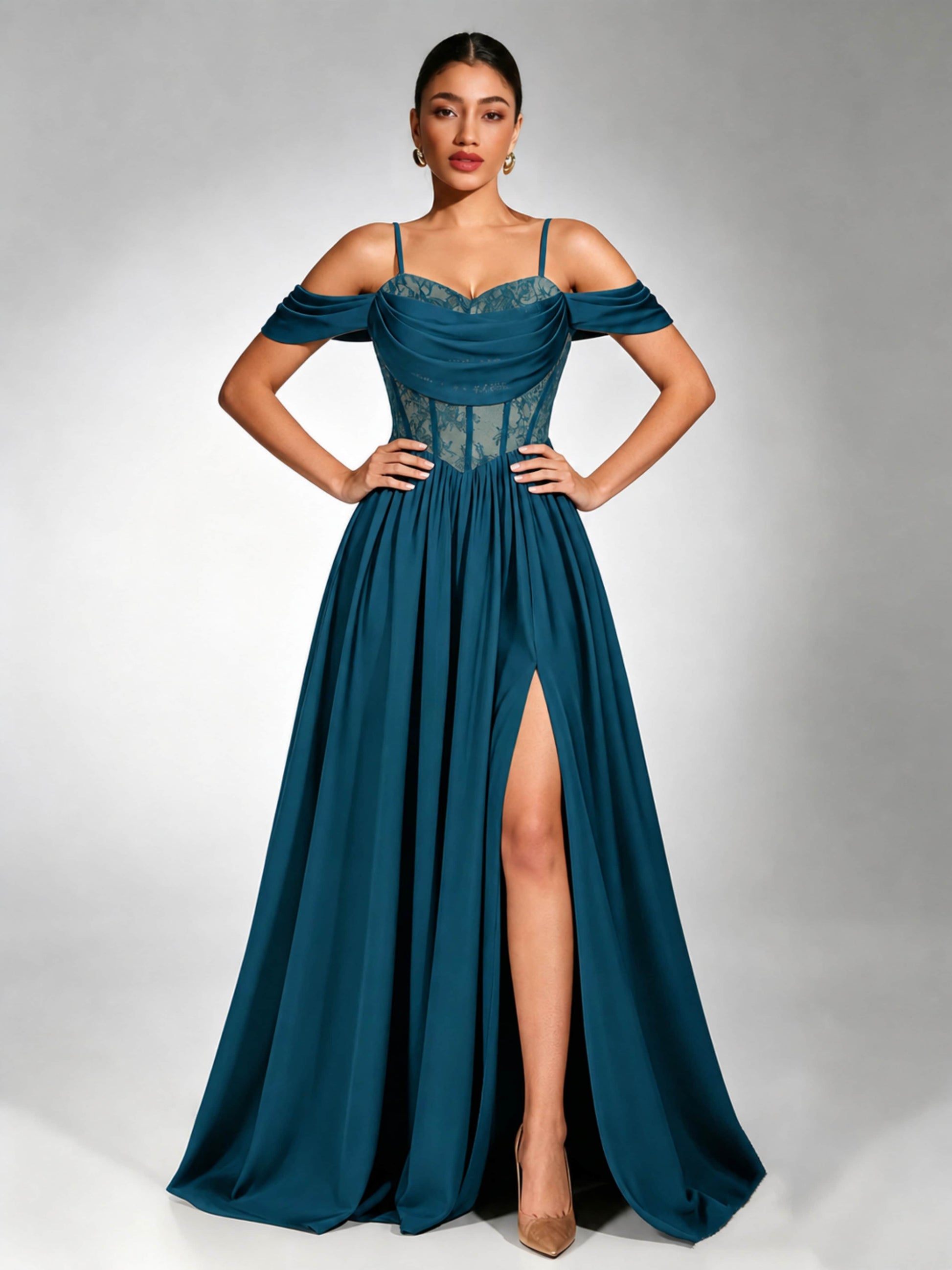 Off Shoulder Chiffon Lace Prom Dress for Teens