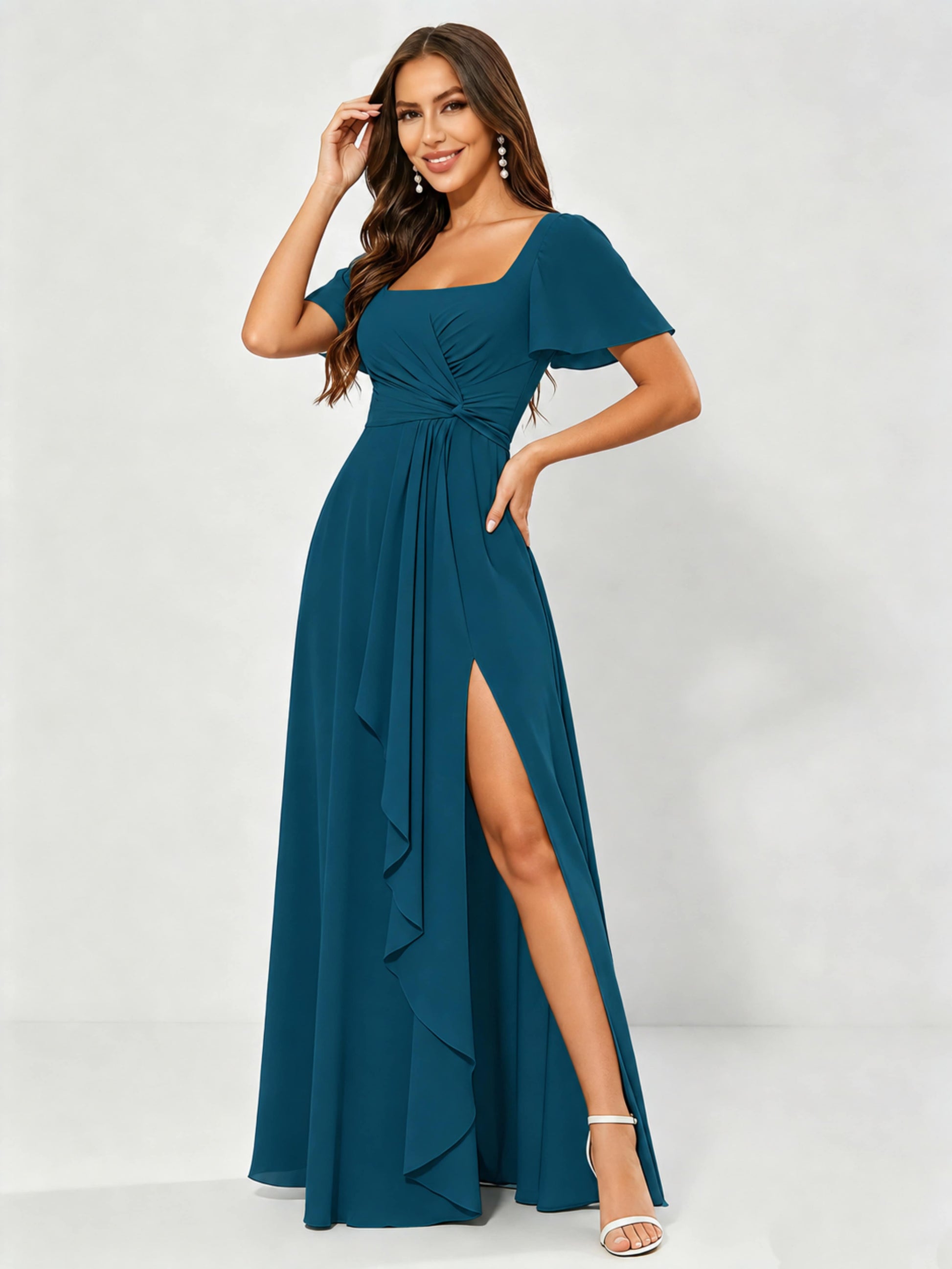 Square Neck Chiffon Ruffle Bridesmaid Dress with Slit