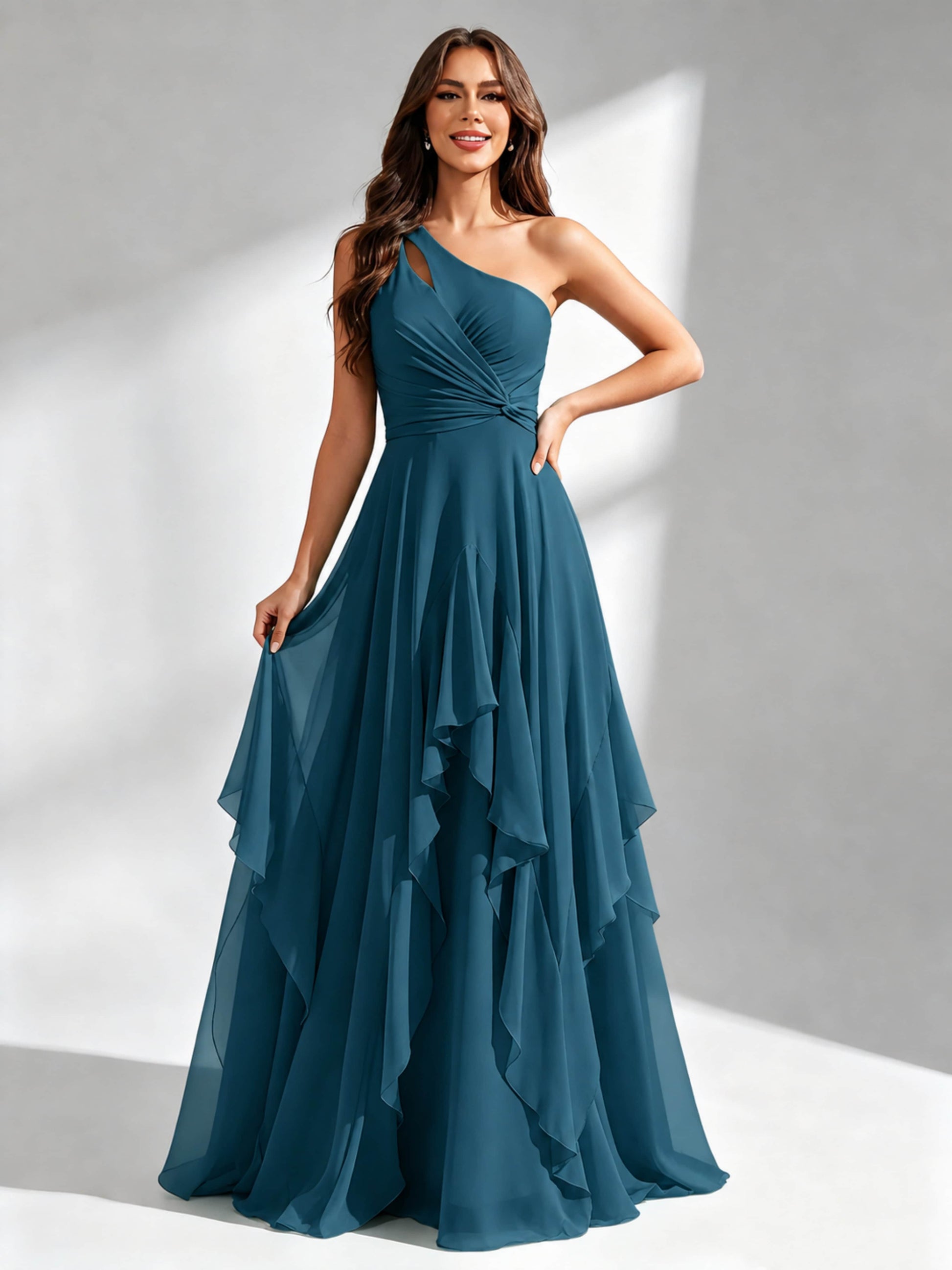 One Shoulder Ruffle Bridesmaid Dresses Formal Evening Gown