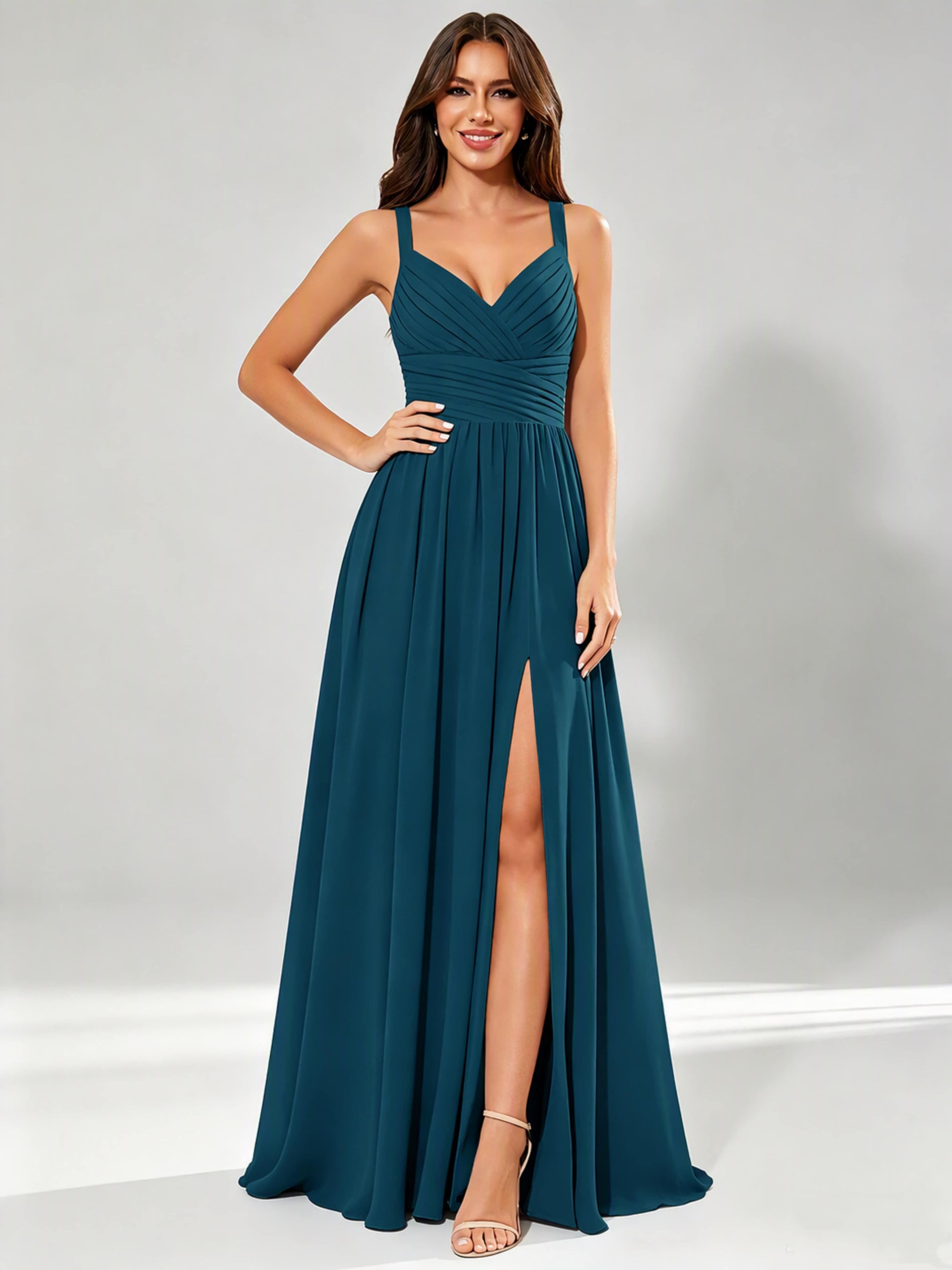 Spaghetti Straps Chiffon Ruched Bust Pleated Bridesmaid Dress for Wedding