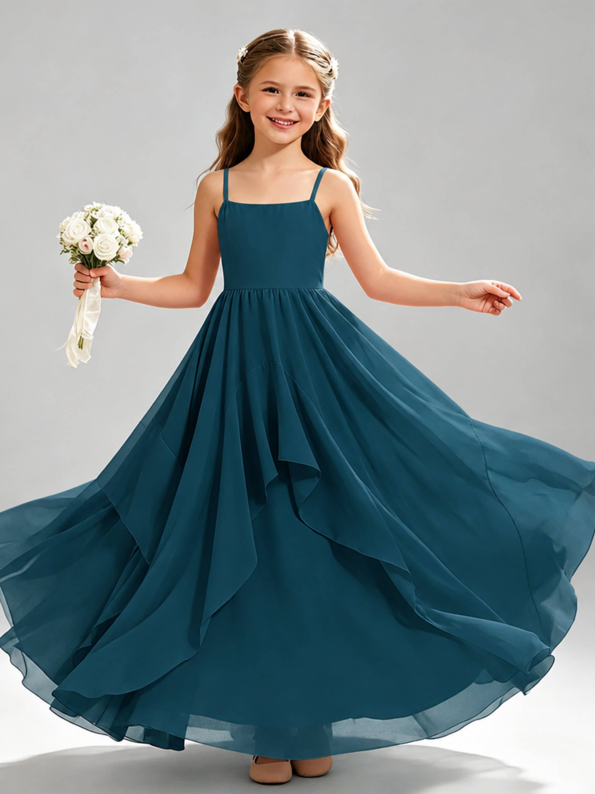 A-Line Spaghetti Straps Ruffle Junior Bridesmaid Dresses