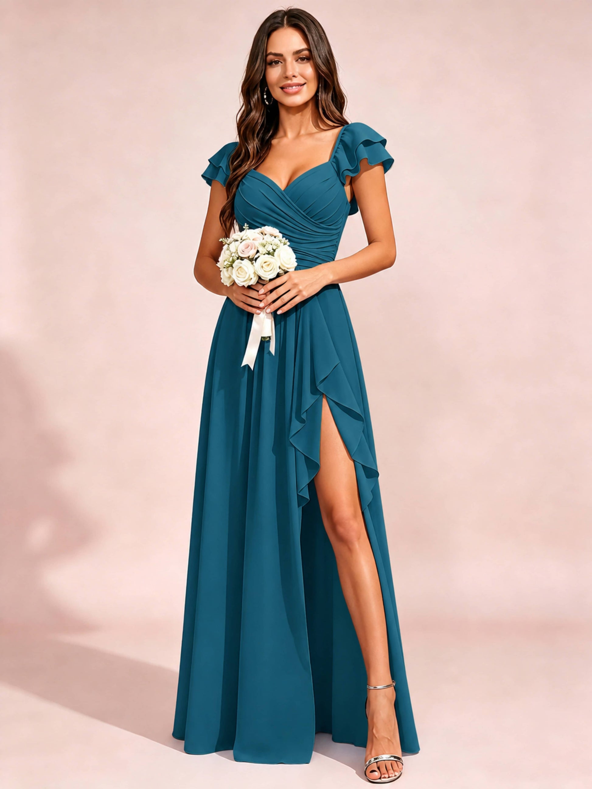 Chiffon Sweetheart Neck Ruched Bust Bridesmaid Dresses with Ruffle Slit