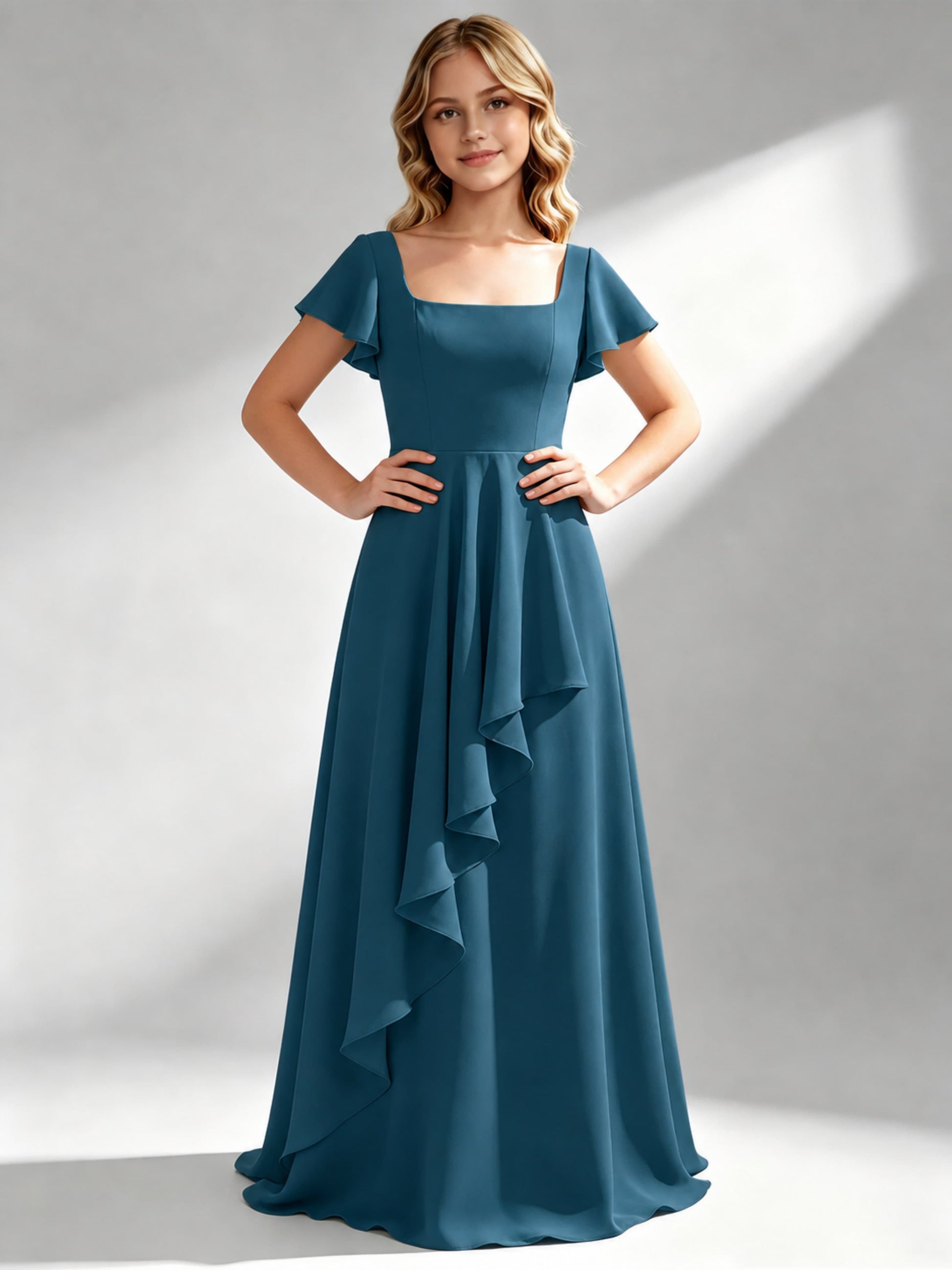 A-Line Square Neck Ruffle Junior Bridesmaid Dresses