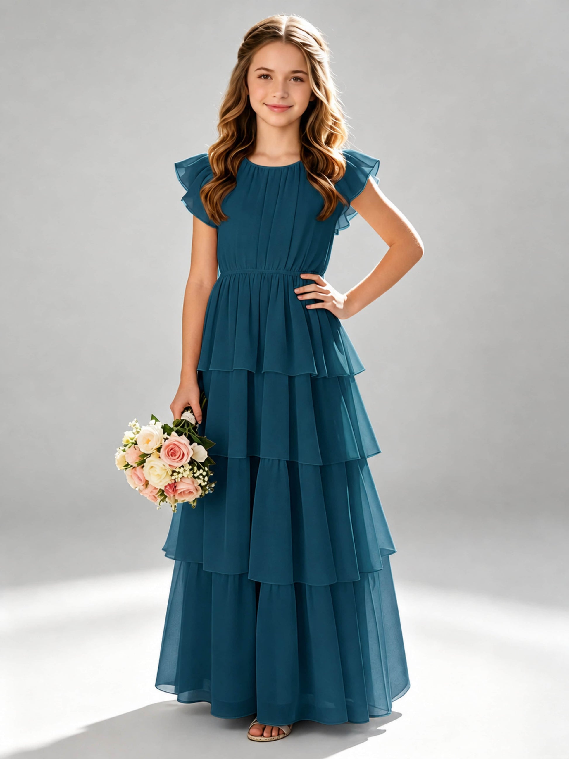 Chiffon Tiered Pleated Long Junior Bridesmaid Dresses