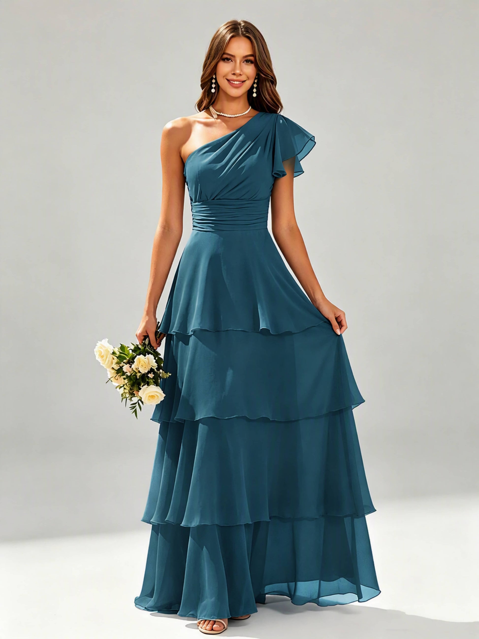 One Shoulder Ruffle Tiered Chiffon Bridesmaid Dress for Wedding