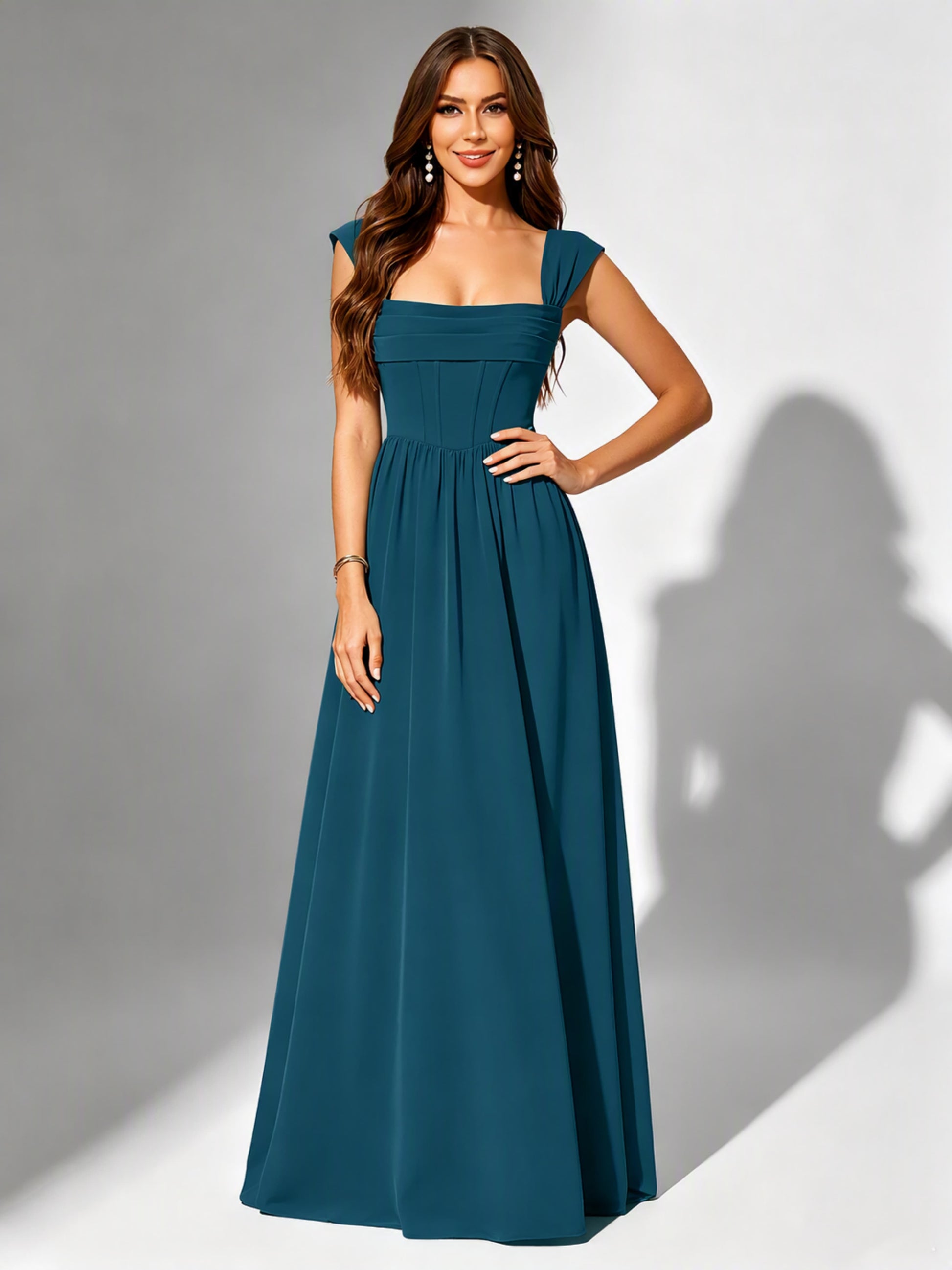 Square Neck Chiffon Bridesmaid Dress Corset Formal Gown