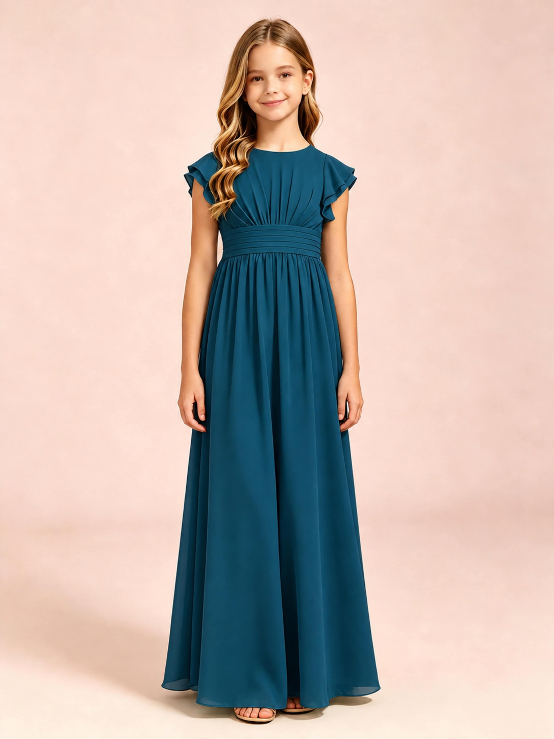 Chiffon Ruffle Cap Sleeve Junior Bridesmaid Dress for Wedding