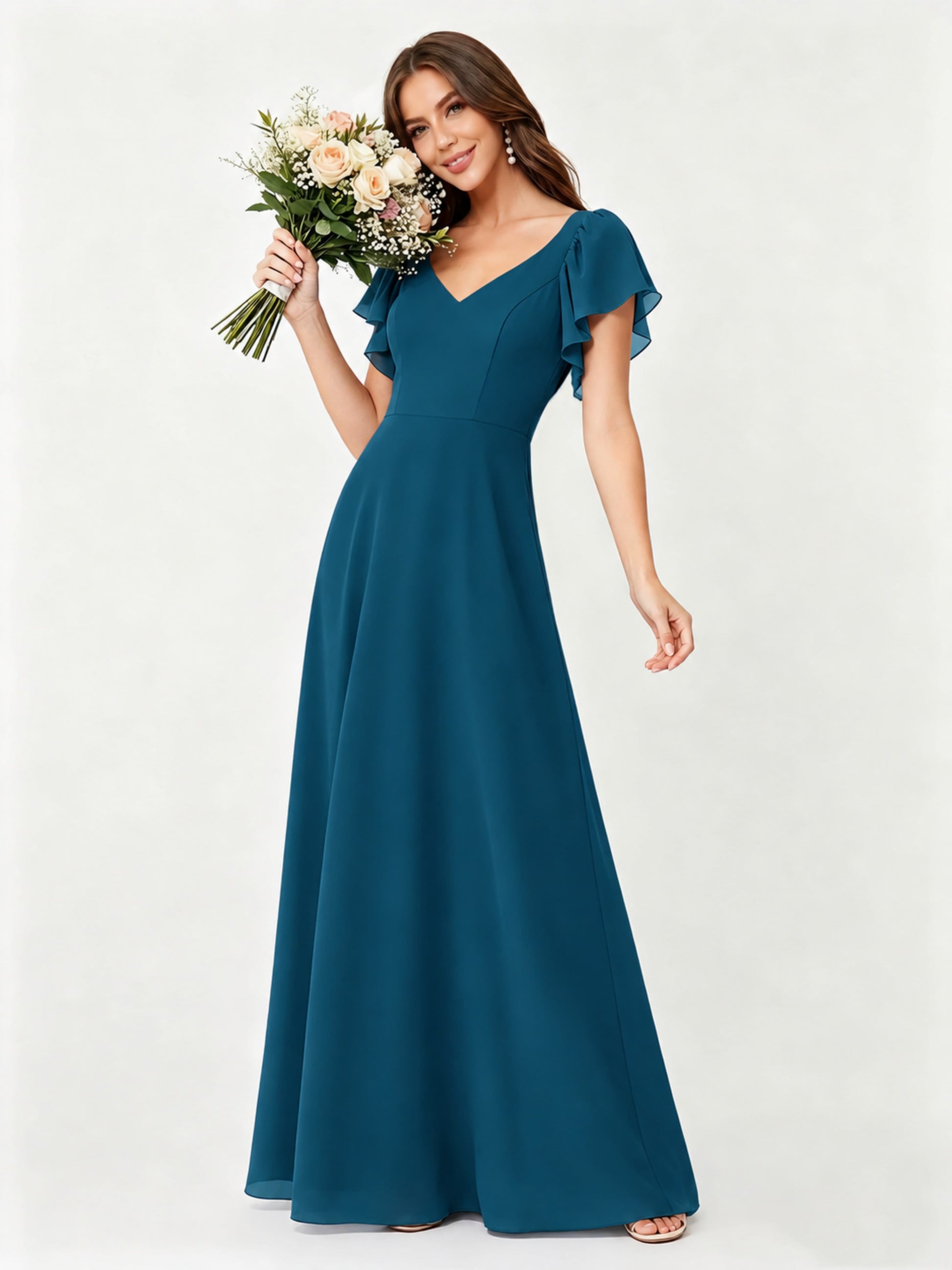 Ruffle Sleeve Chiffon Bridesmaid Dresses for Women Wedding